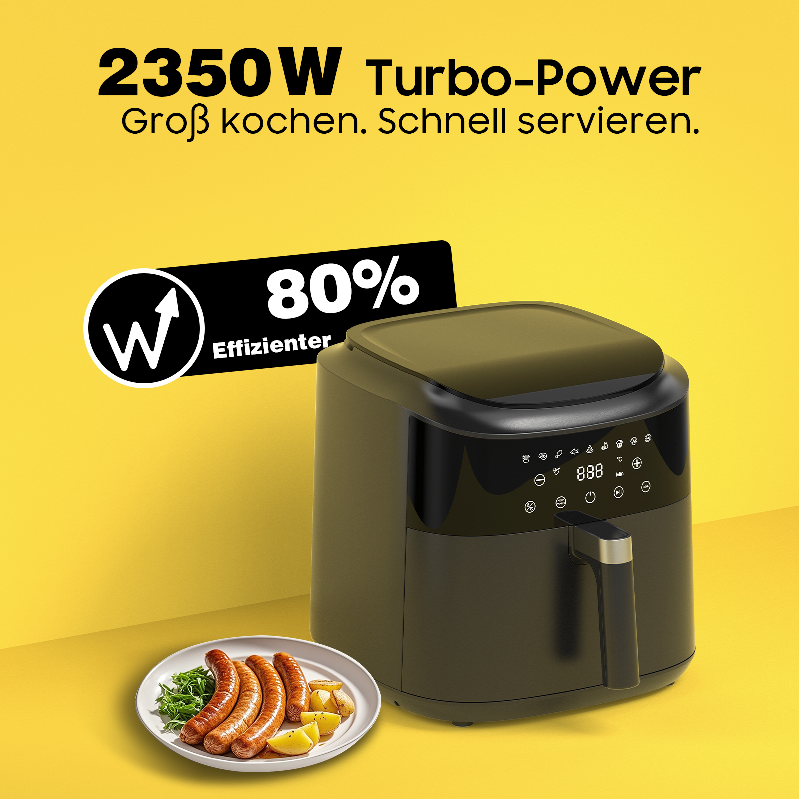 Ein schwarzer Heißluftfritteuse neben einem Teller mit Würstchen und Kartoffeln.