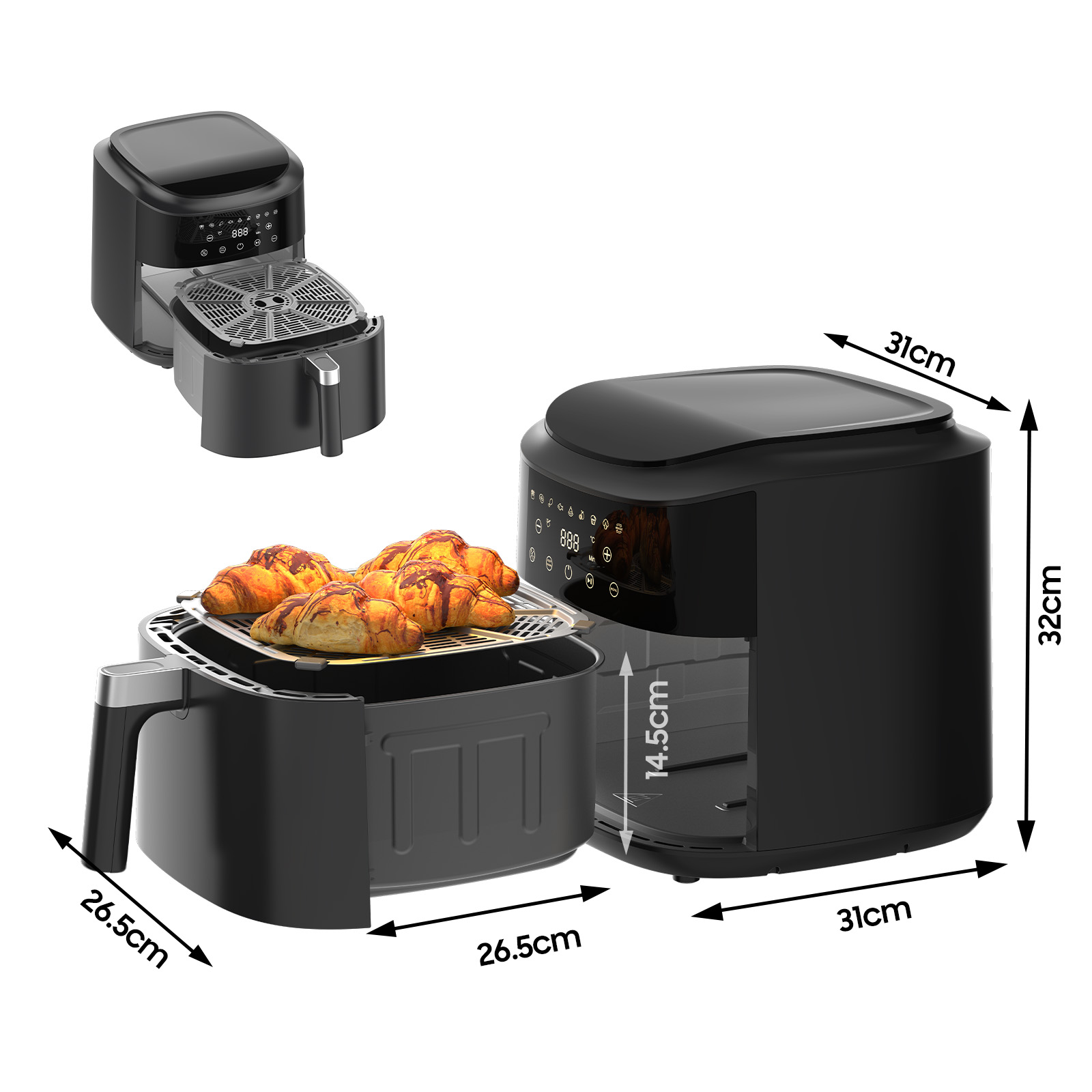 Schwarze Heißluftfritteuse mit Croissants auf dem Rost und Maßangaben.