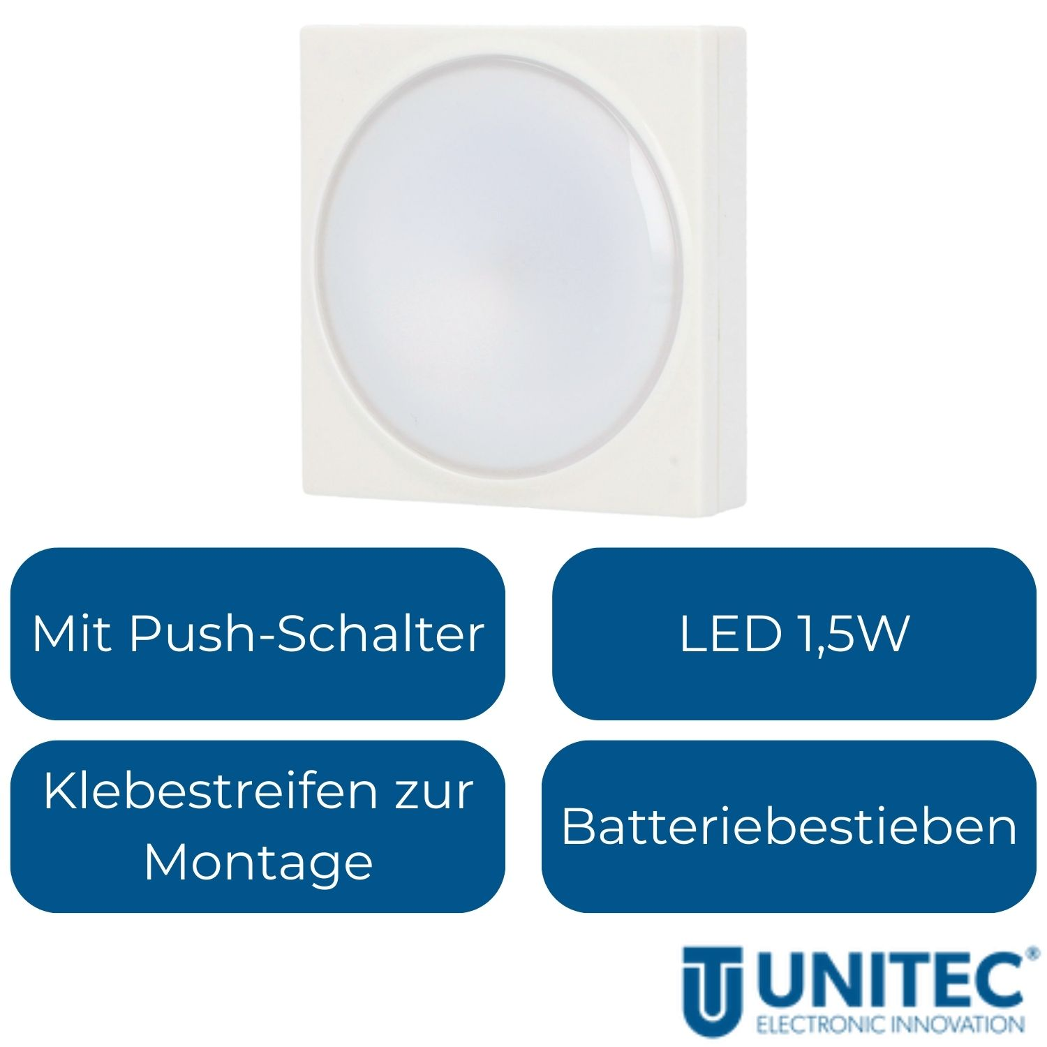 Weiße quadratische LED-Leuchte mit Druckschalter, 1,5W, batteriebetrieben, Klebemontage.