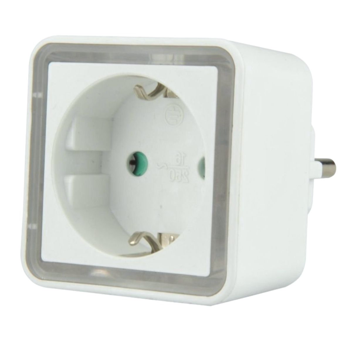 Ein weißer Steckdosenadapter mit transparentem Rand und einem Stecker.