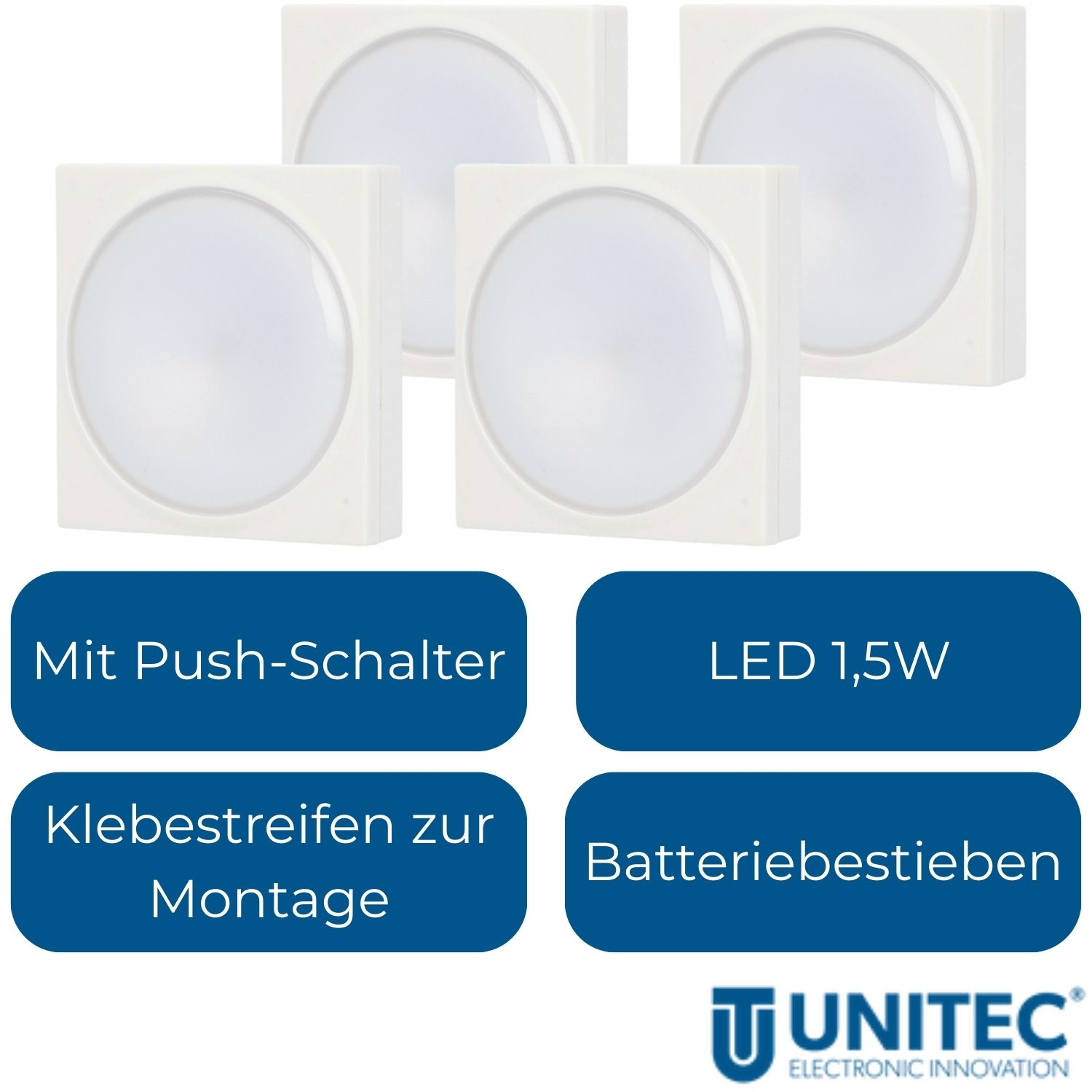 Vier weiße LED-Leuchten mit Push-Schalter, 1,5W, Klebestreifen, Batteriebetrieben.