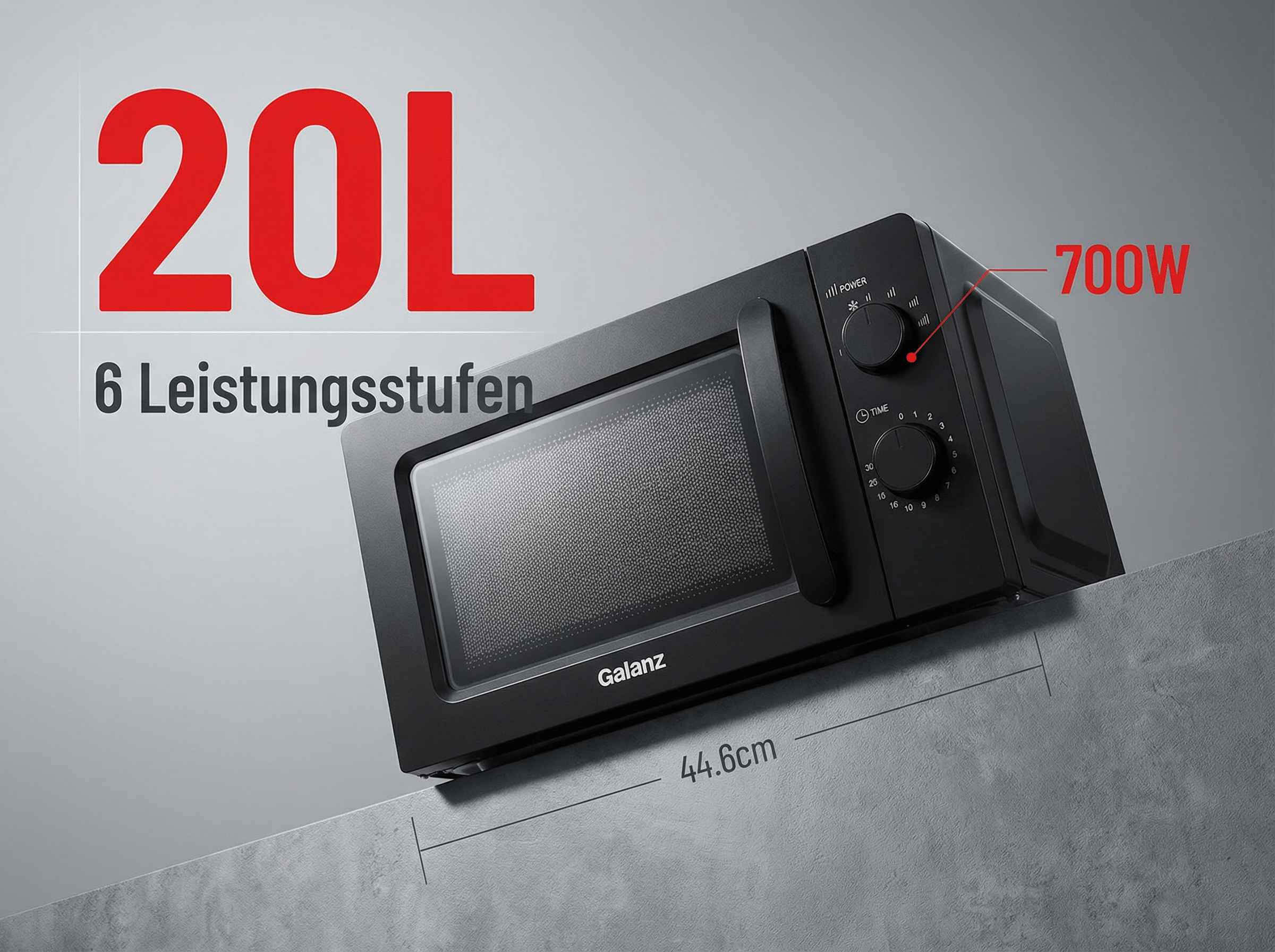 Schwarze Galanz Mikrowelle, 20L, 700W, 44.6cm, 6 Leistungsstufen.
