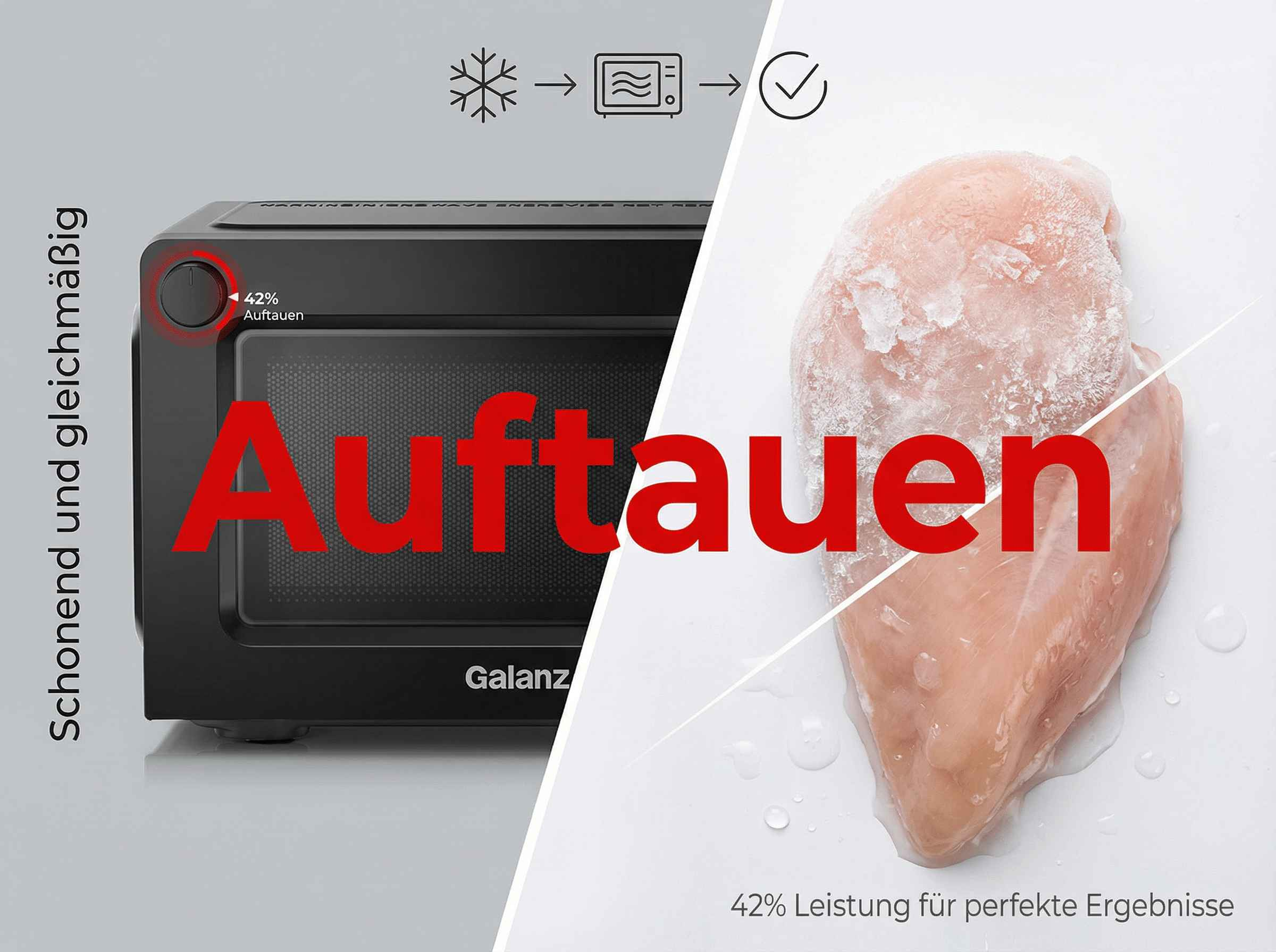 Schwarzer Galanz Mikrowellenofen mit aufgetautem Hähnchenbrustfilet.