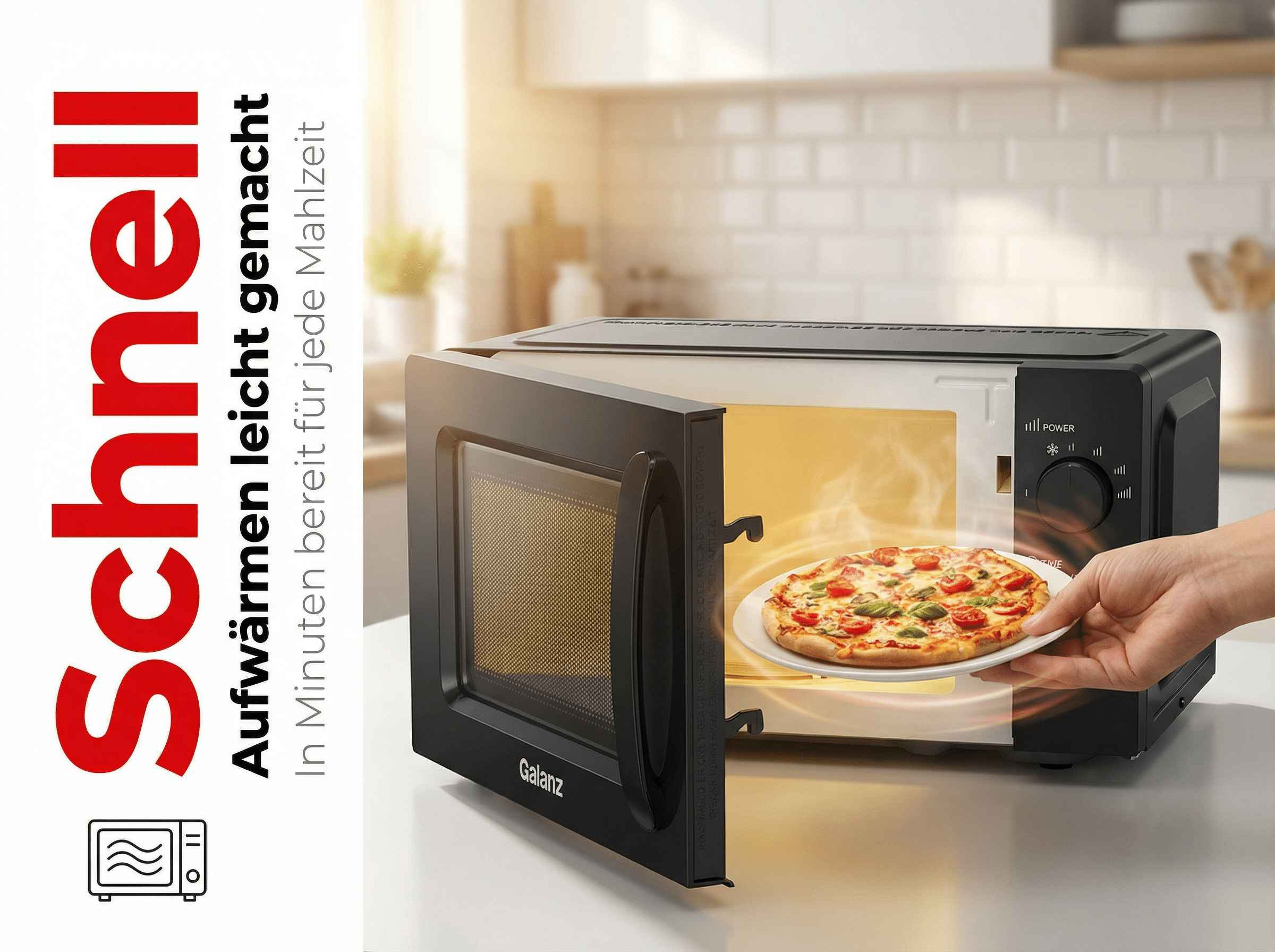 Eine Hand legt eine Pizza in eine Mikrowelle.