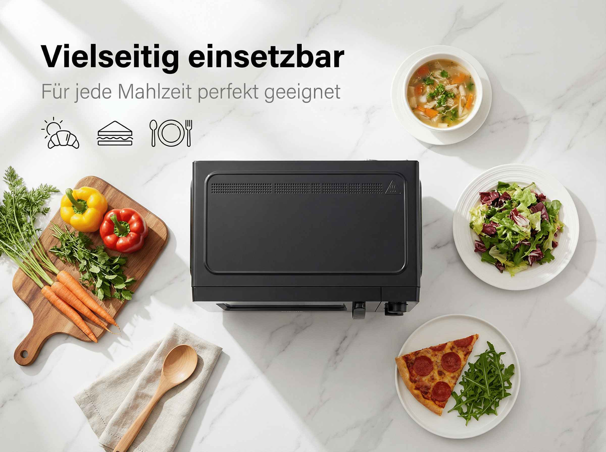Ein schwarzes Gerät steht auf Marmor neben Essen und Zutaten.