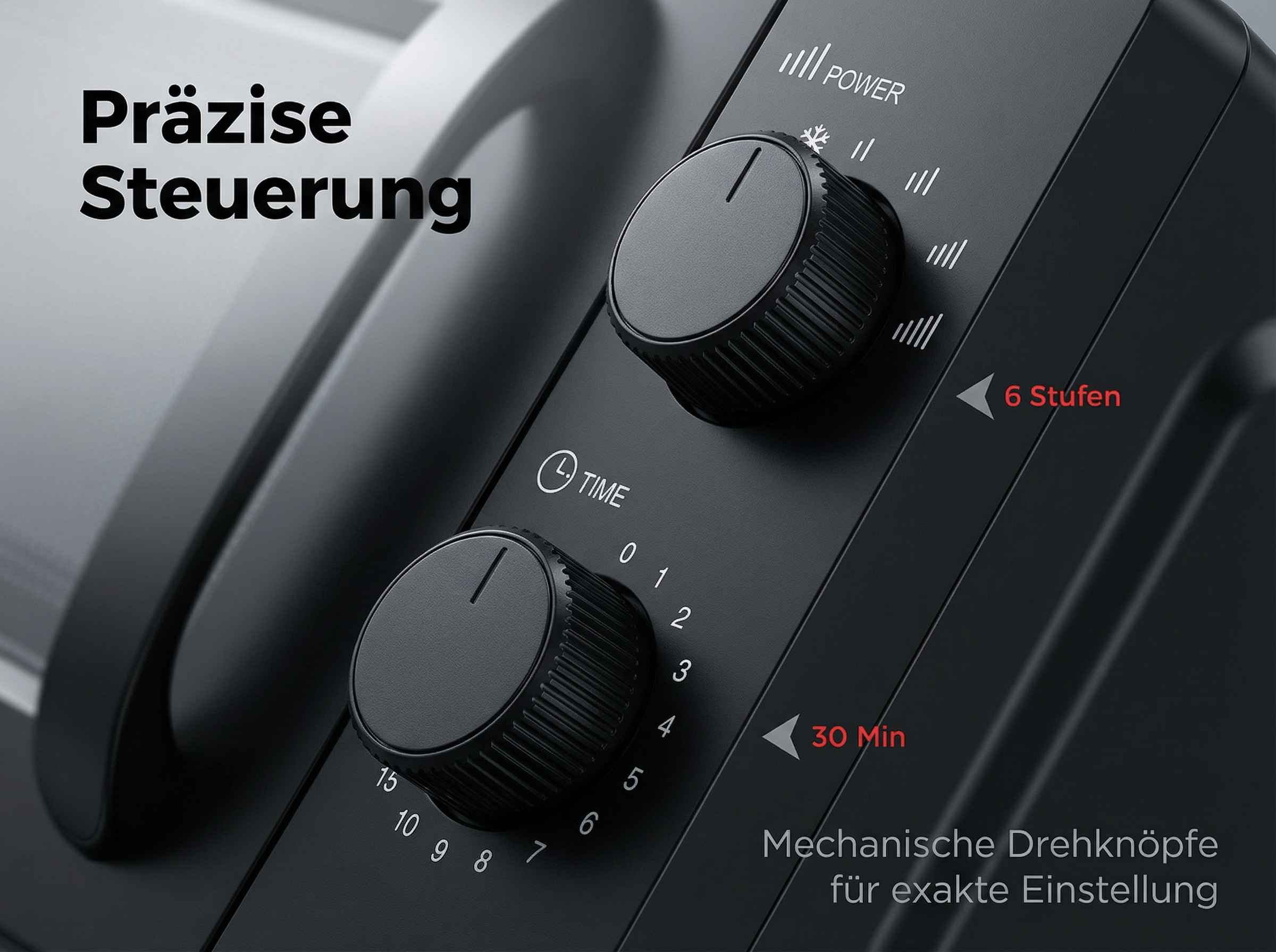 Schwarzes Gerät mit zwei Drehknöpfen und Beschriftungen für Zeit und Stufen.