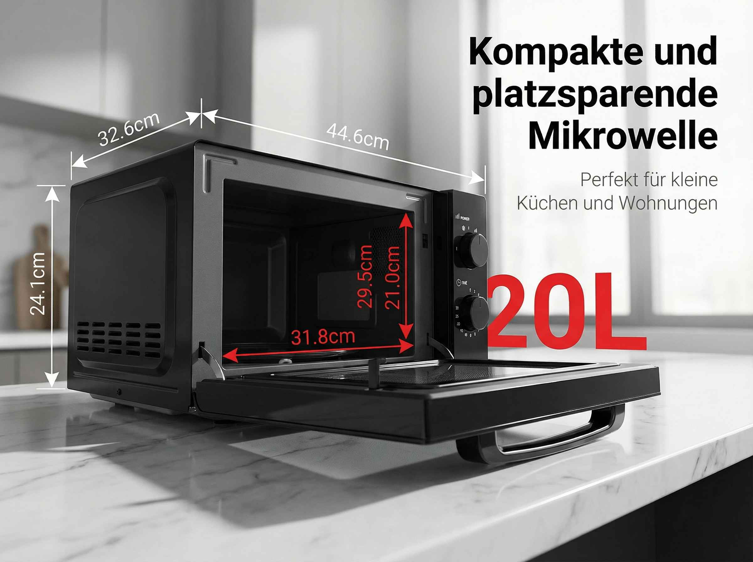 Kompakte schwarze Mikrowelle mit Maßen und 20L Kapazität.