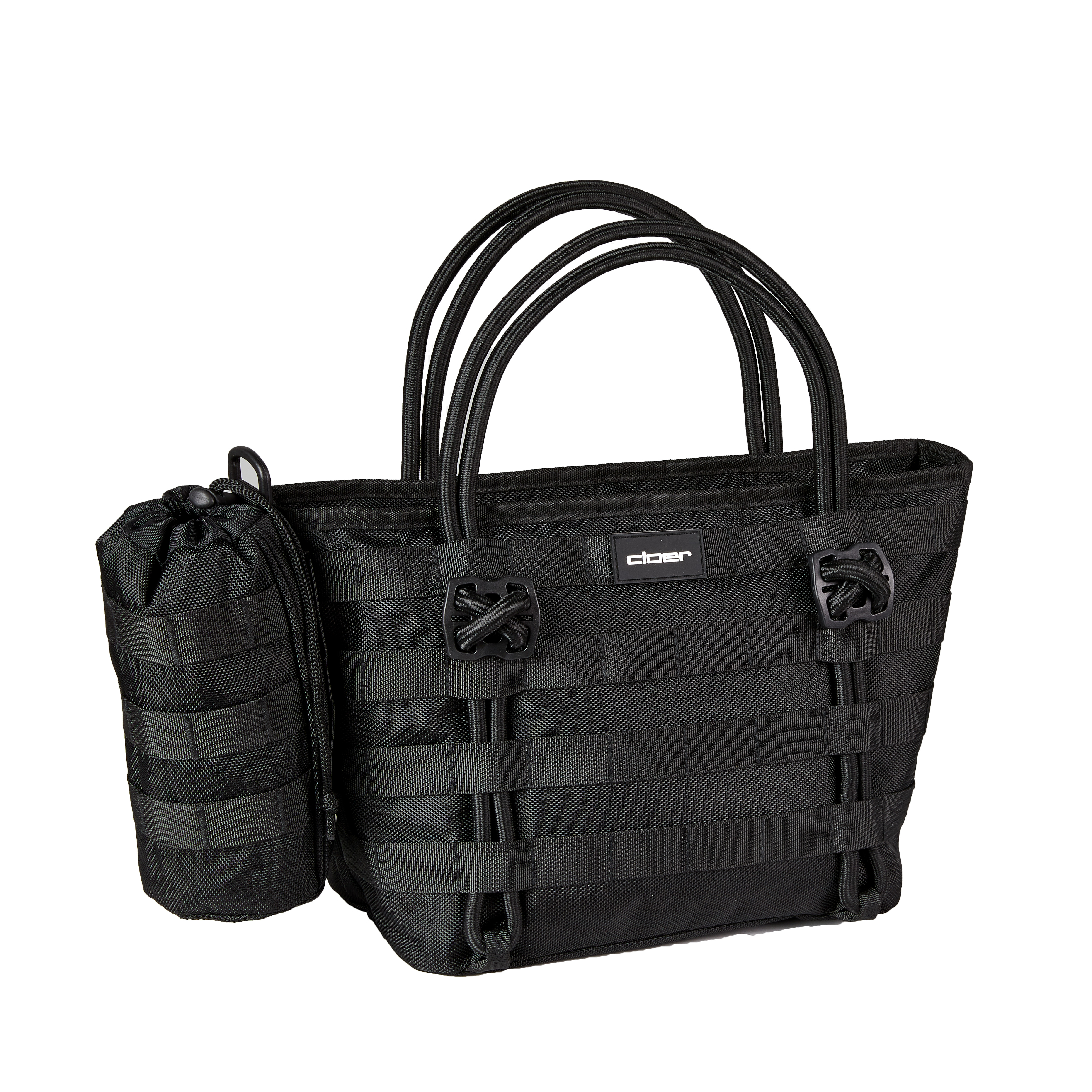 Schwarze Tasche mit mehreren Fächern und einem Riemen