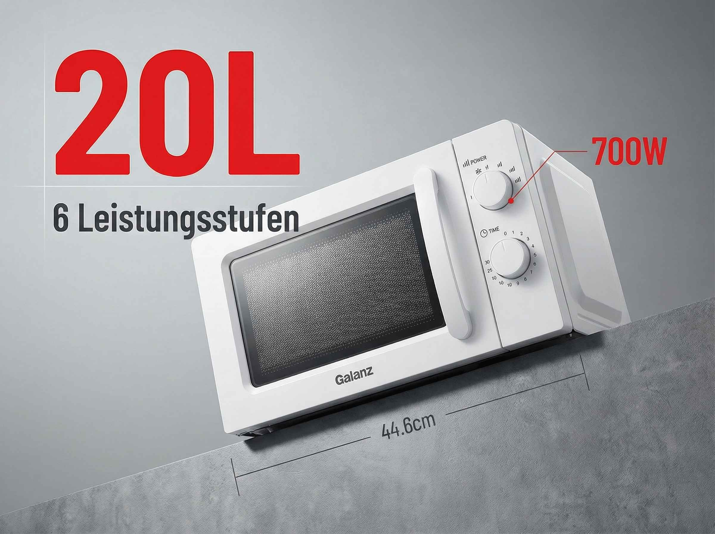 Weie Galanz Mikrowelle mit 20L Kapazitt, 700W, 6 Stufen, 44,6cm breit.