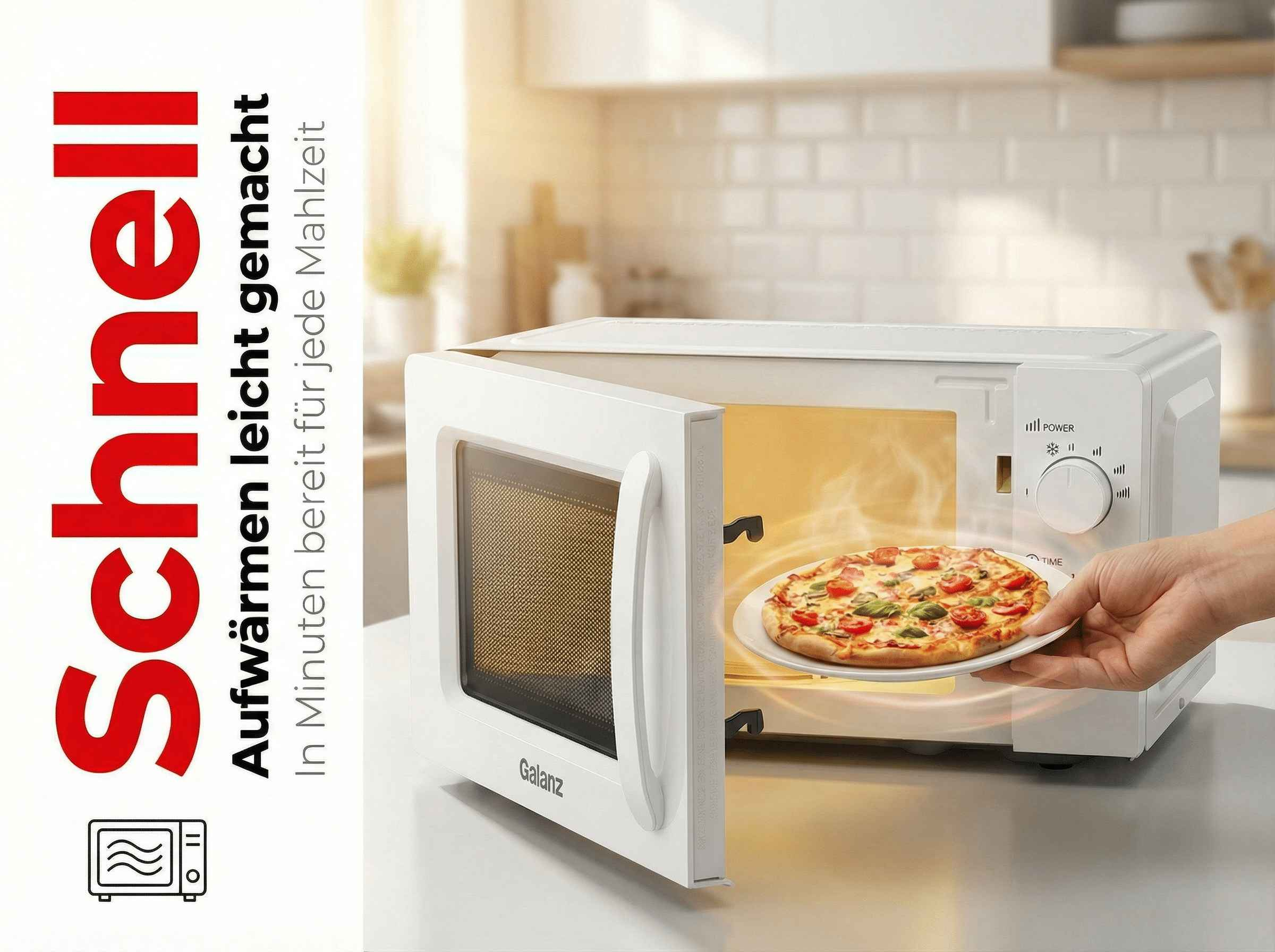 Eine Hand schiebt eine Pizza in eine offene Mikrowelle. Text: Schnell.