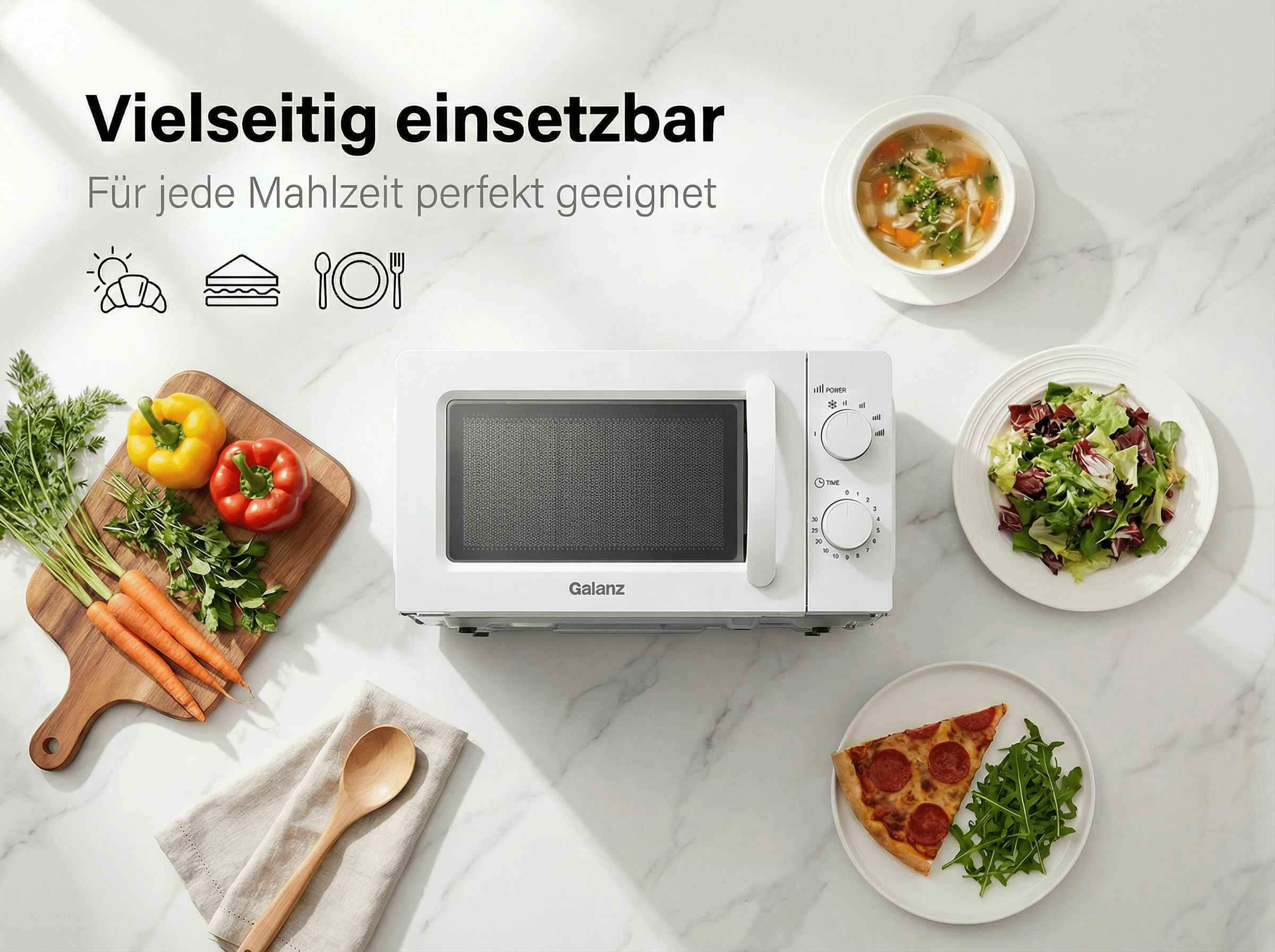 Eine weiße Galanz Mikrowelle mit verschiedenen Lebensmitteln daneben.