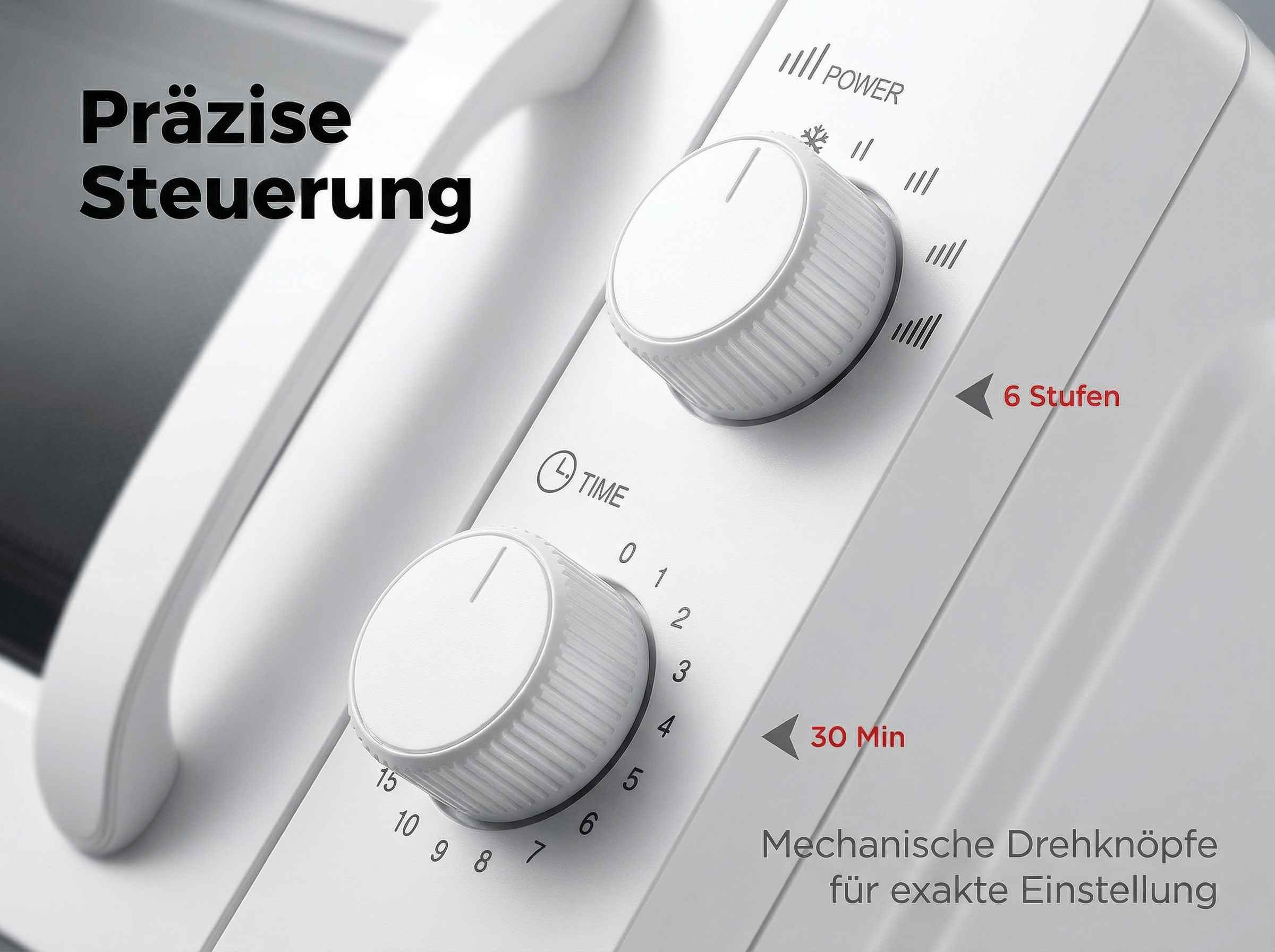 Nahaufnahme eines weißen Geräts mit zwei Drehknöpfen und Text.
