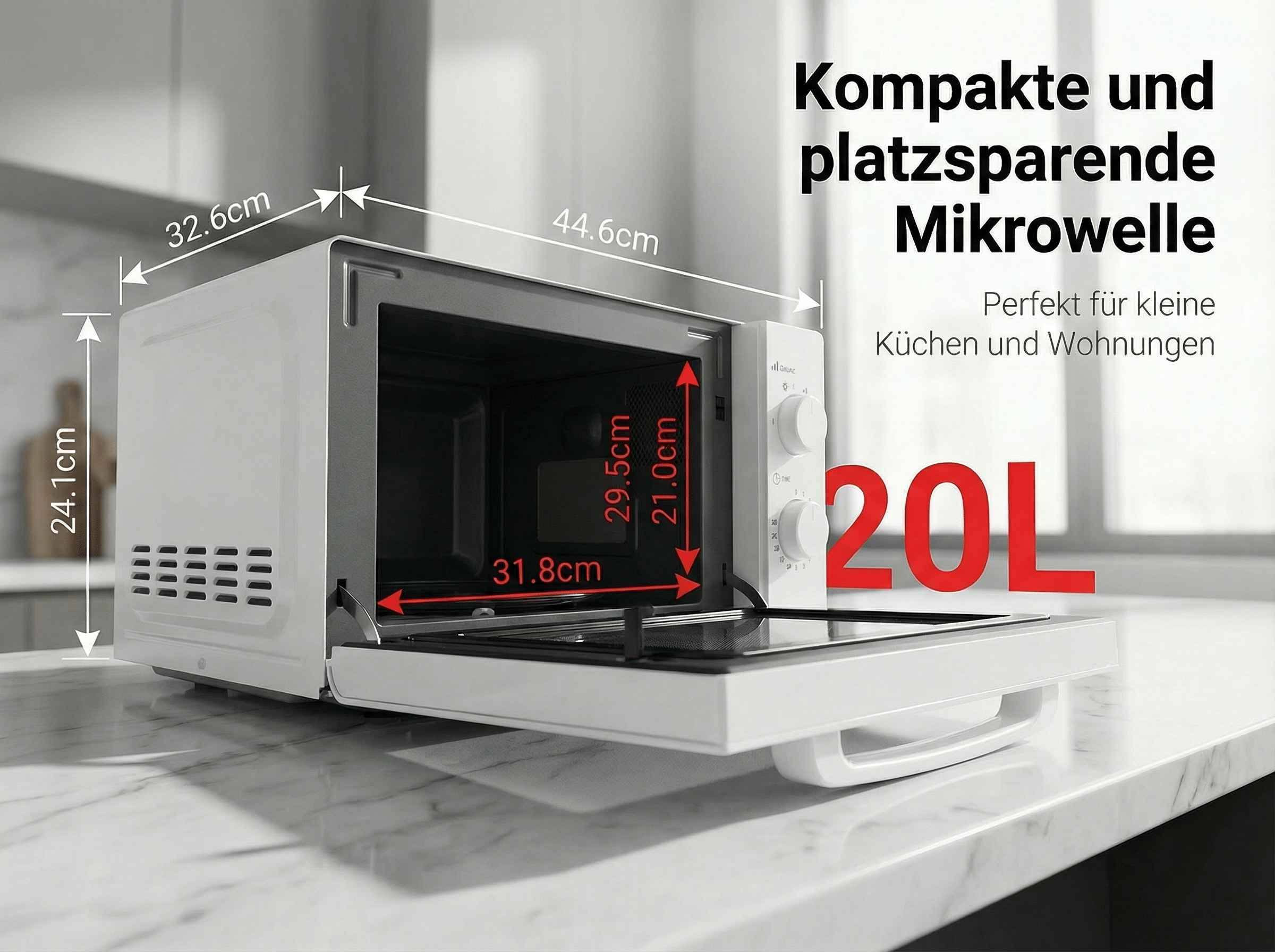 Weiße Mikrowelle mit geöffneter Tür, Maße und 20L Kapazität angegeben.