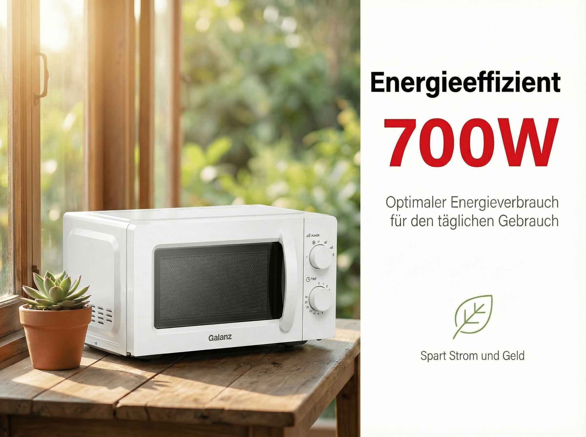 Weiße Mikrowelle mit Drehknöpfen auf Holztisch, neben Topfpflanze.