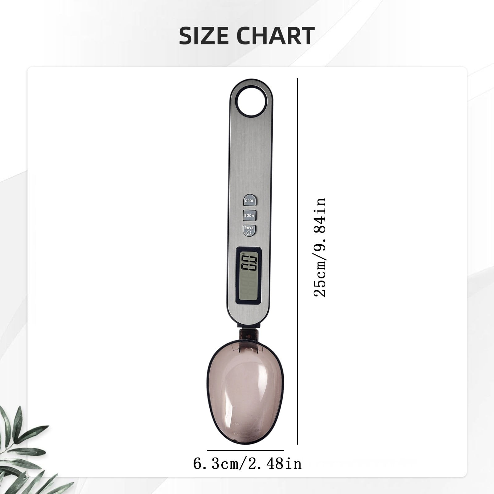 Digitale Löffelwaage mit LCD-Anzeige, Länge 25cm, Breite 6,3cm.