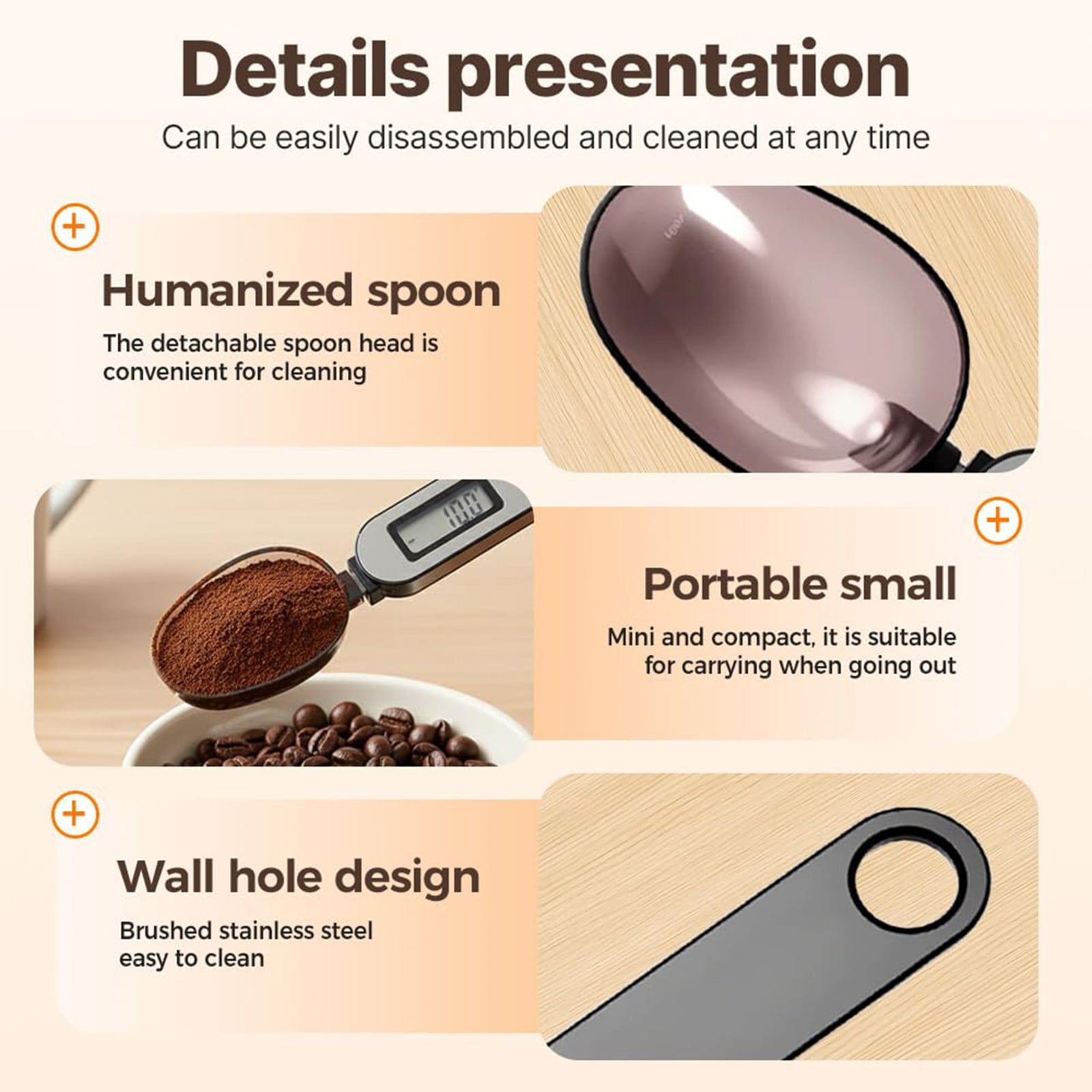 Details: Löffel, Kaffeebohnen, Waage und Wandloch-Design.