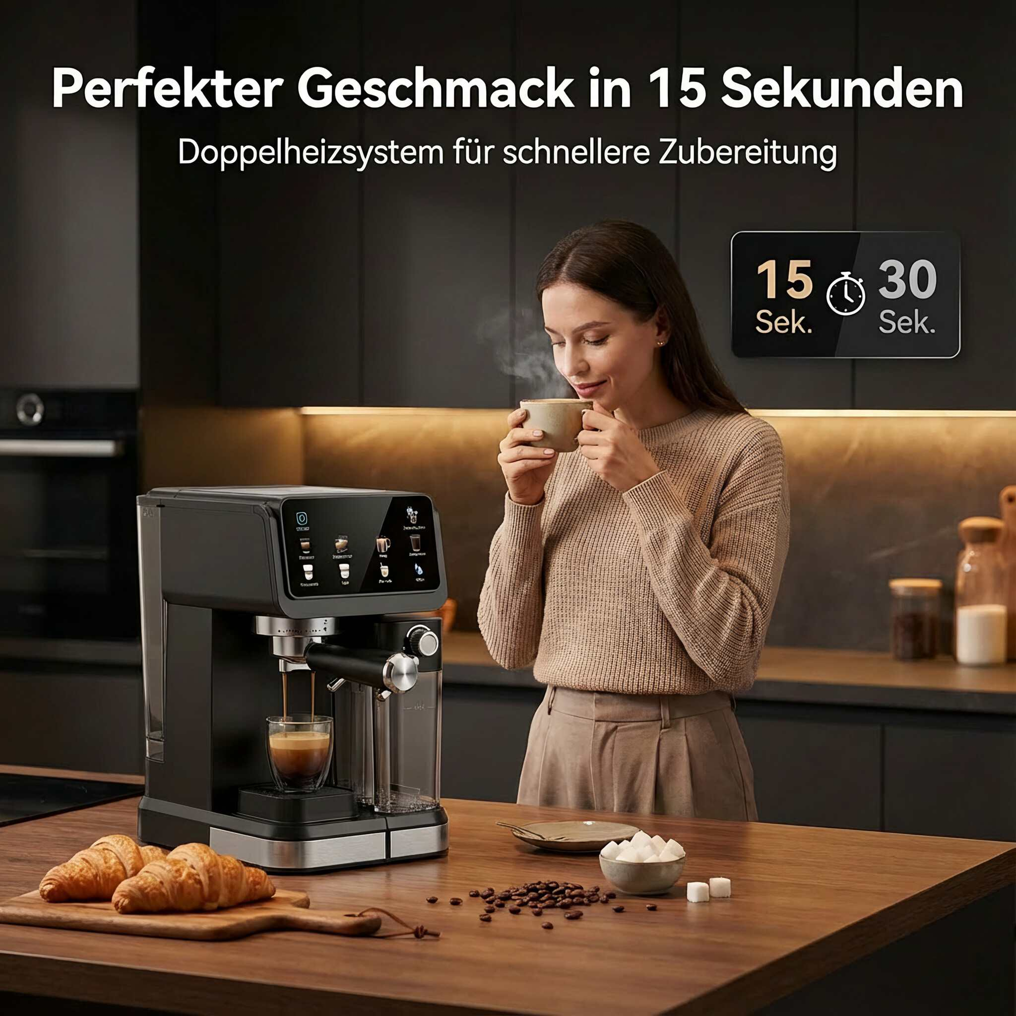 Eine Frau genießt dampfenden Kaffee neben einer Espressomaschine mit Croissants.