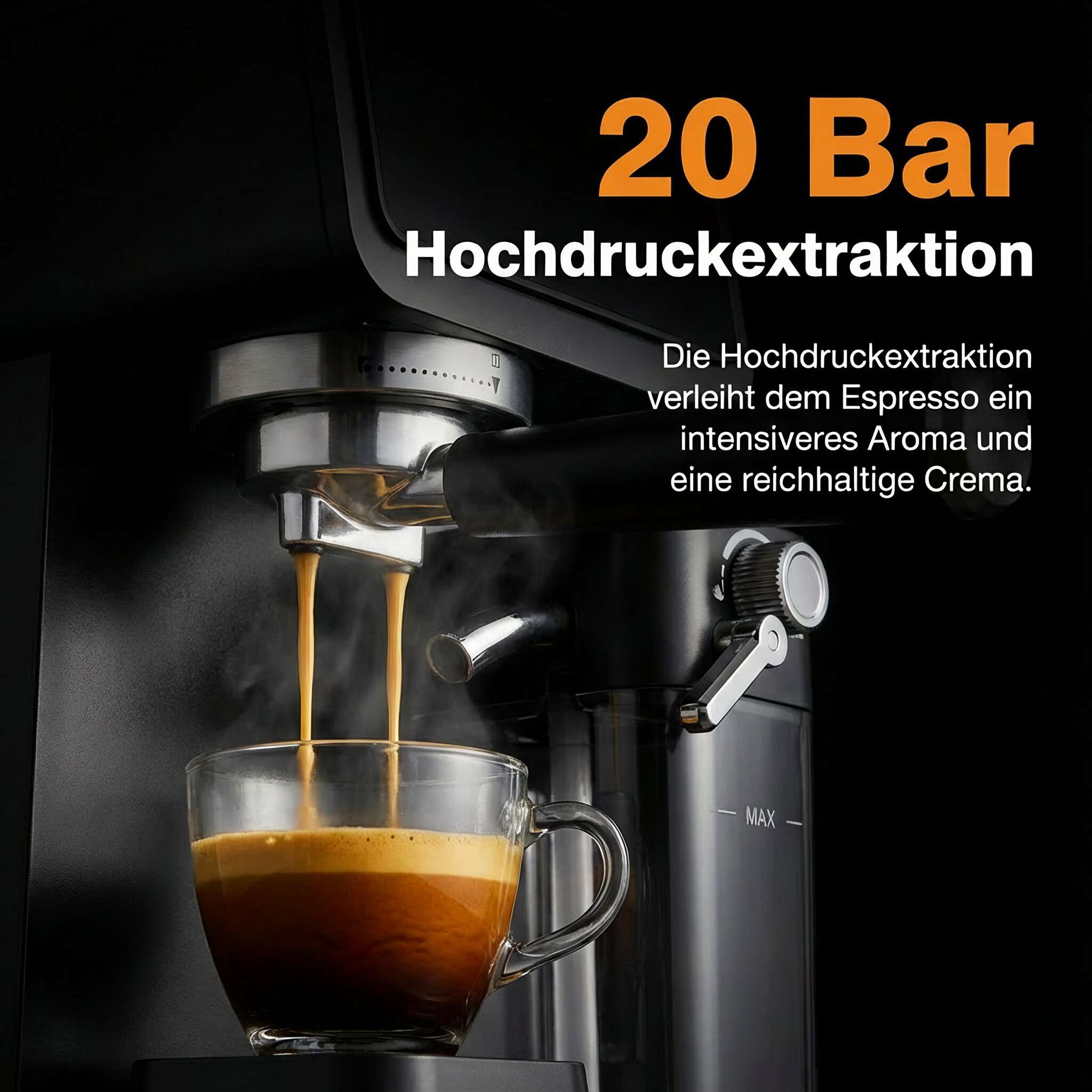 Espressomaschine extrahiert Espresso in eine Tasse, 20 Bar Hochdruck.