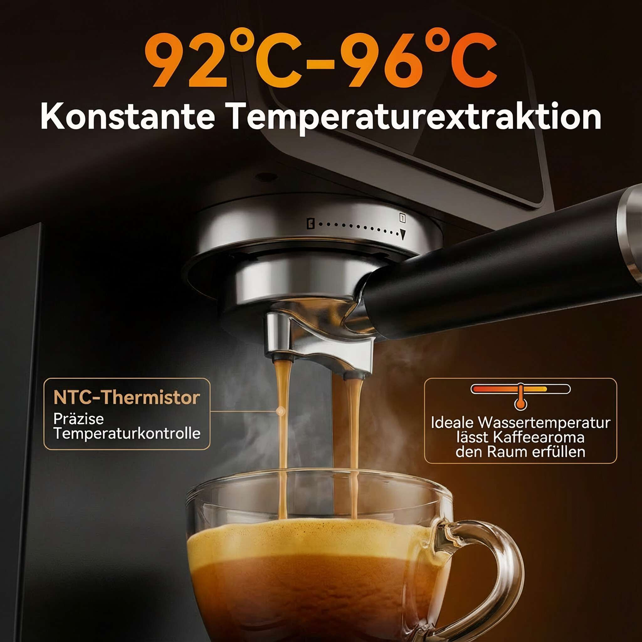 Espressomaschine brüht Kaffee bei 92-96°C für konstante Extraktion.