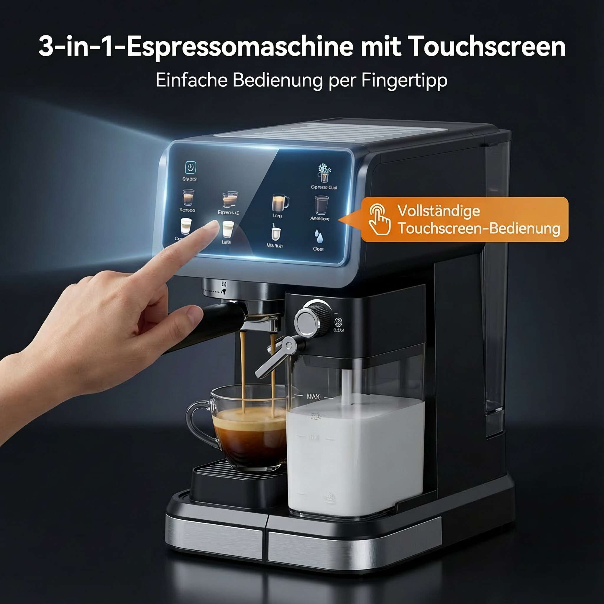 Eine Hand bedient eine schwarze 3-in-1-Espressomaschine mit Touchscreen. Espresso fließt in eine Tasse.