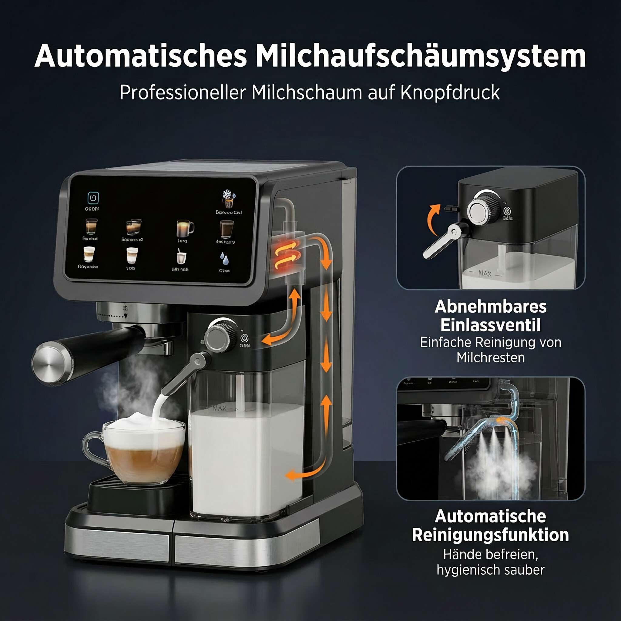 Kaffeemaschine mit Milchsystem, digitalem Display, Milchtank und Reinigung.