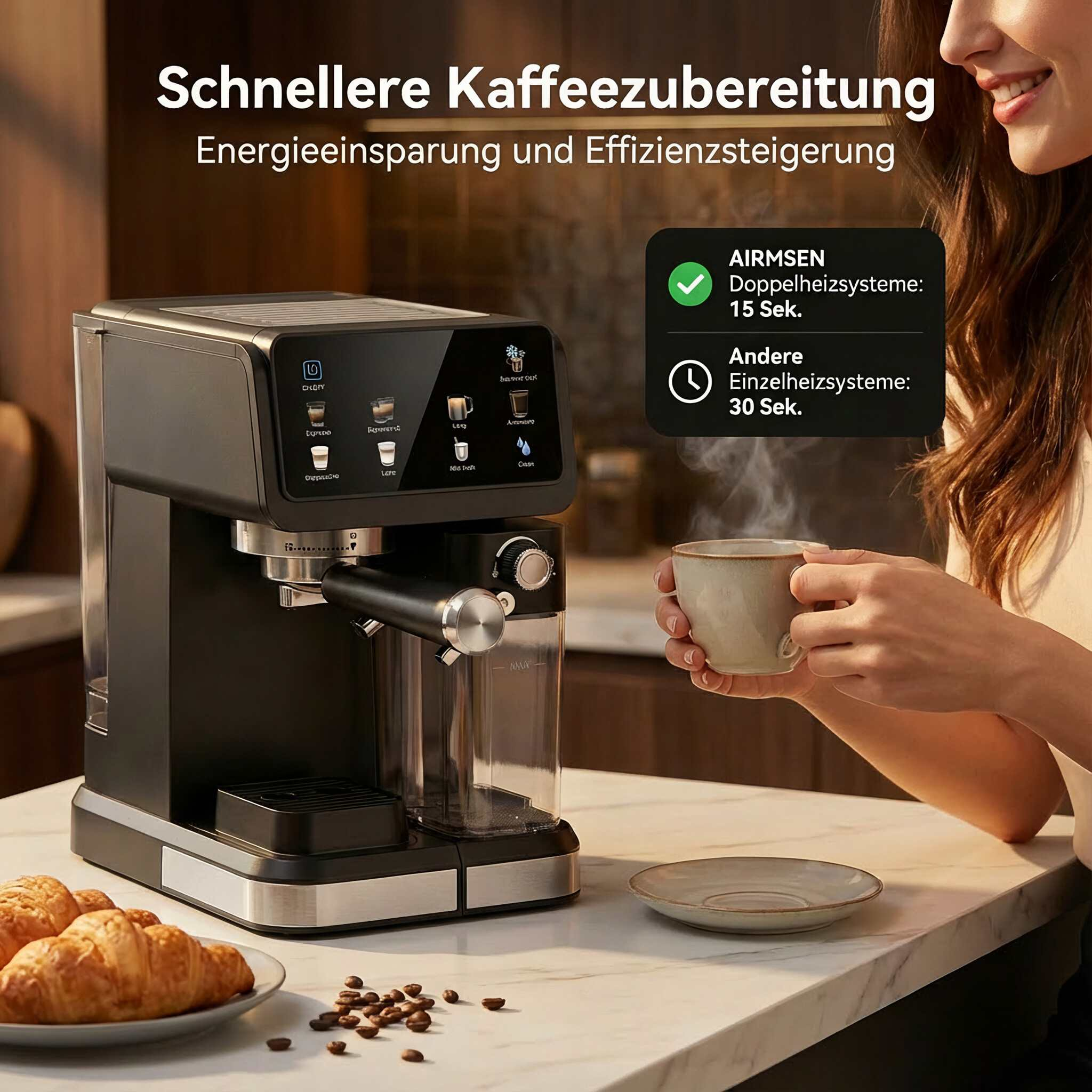 Kaffeemaschine mit Display, Croissants, Kaffeebohnen und dampfender Tasse Kaffee.