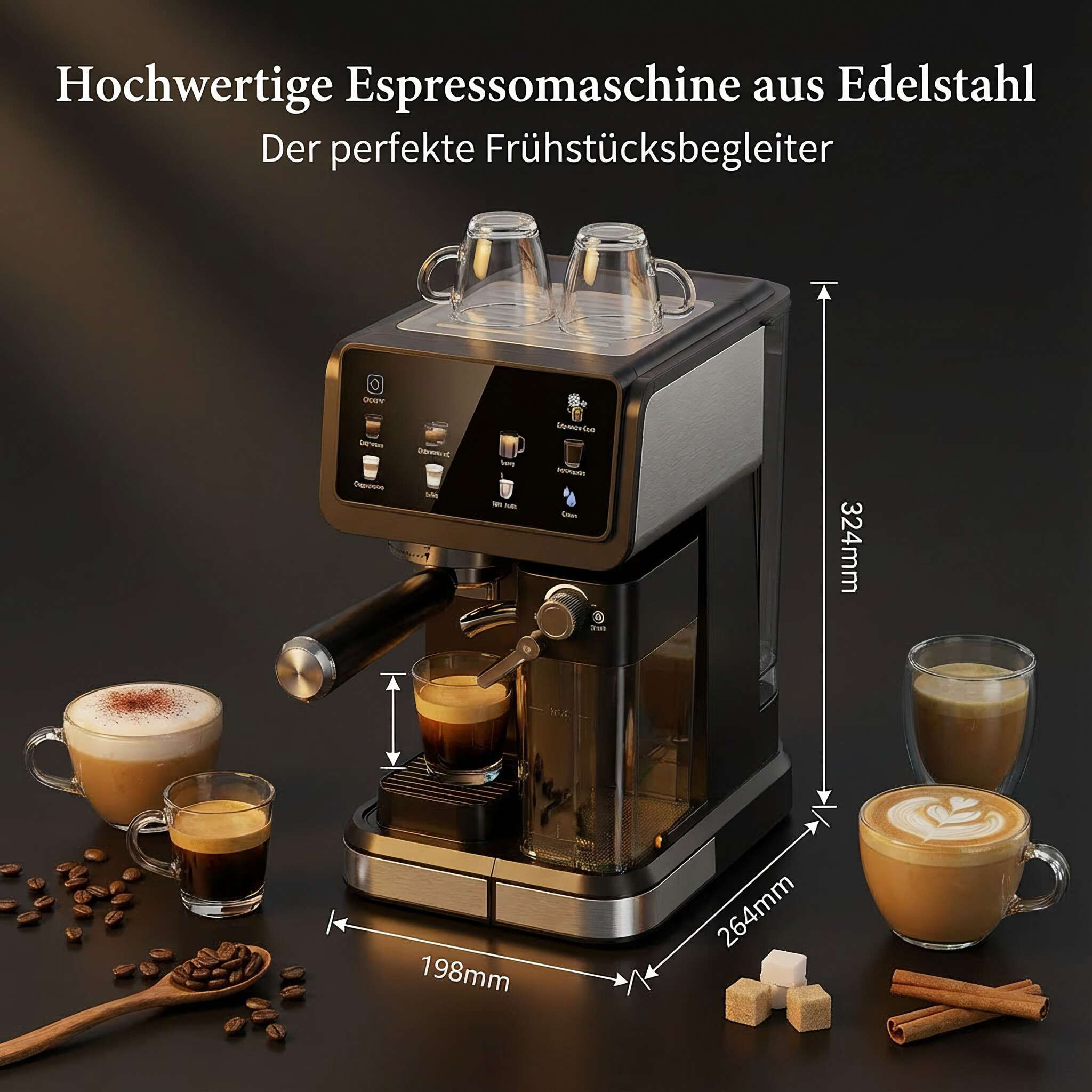 Edelstahl-Espressomaschine mit Tassen, Kaffee, Zuckerwürfeln und Zimtstangen.