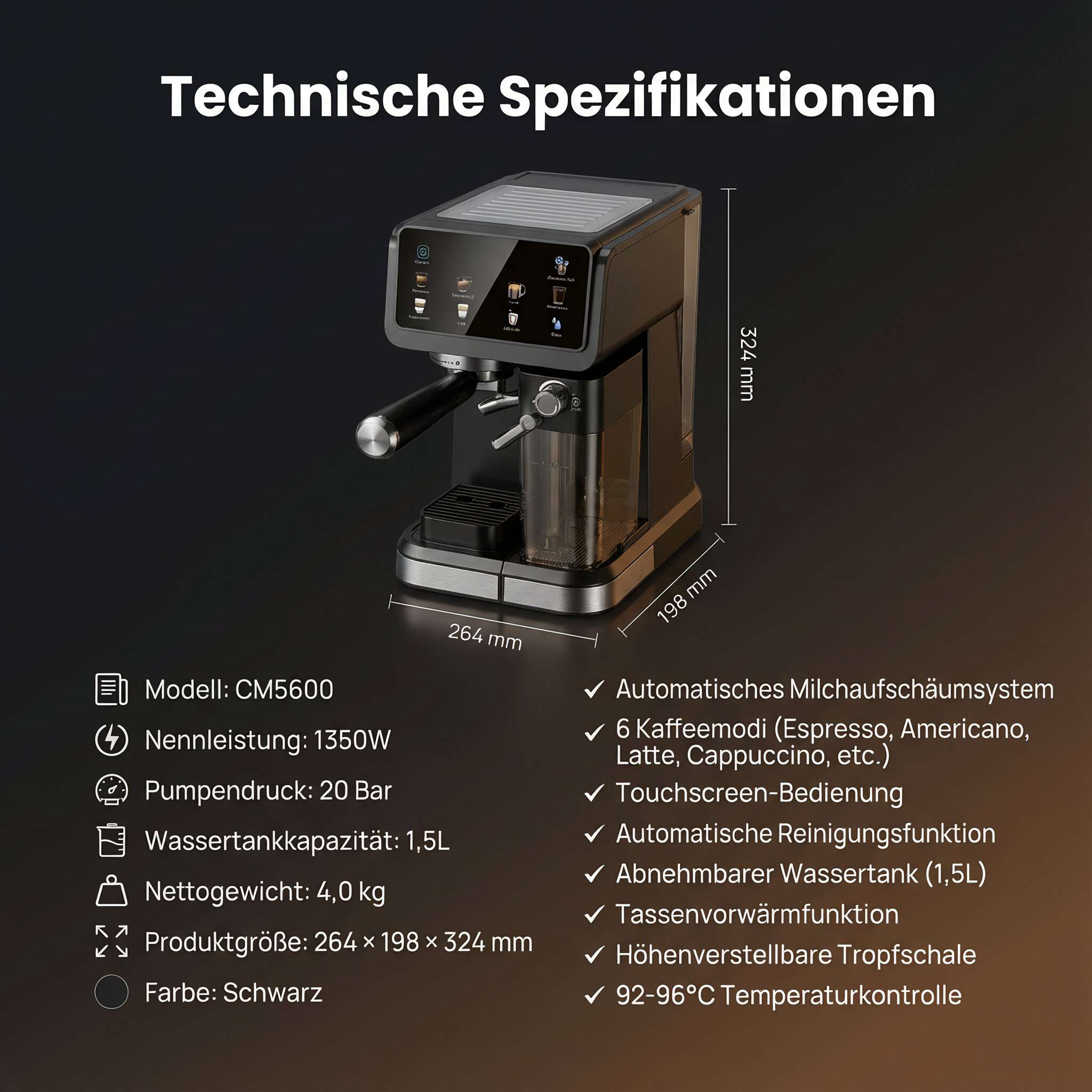Schwarze Kaffeemaschine mit Touchscreen und Funktionen.