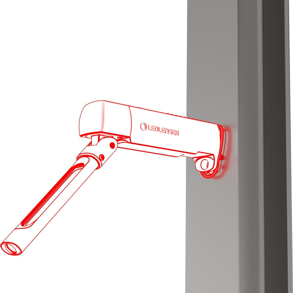 Un dessin au trait rouge d'une lampe à bras pivotant, fixée à un poteau gris.
