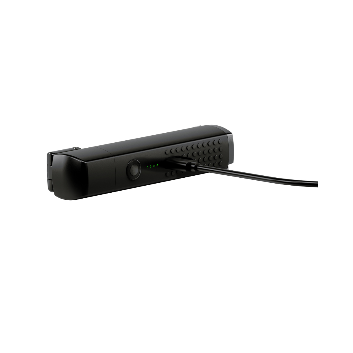 Câble de chargement noir connecté à une batterie externe noire avec indicateurs.