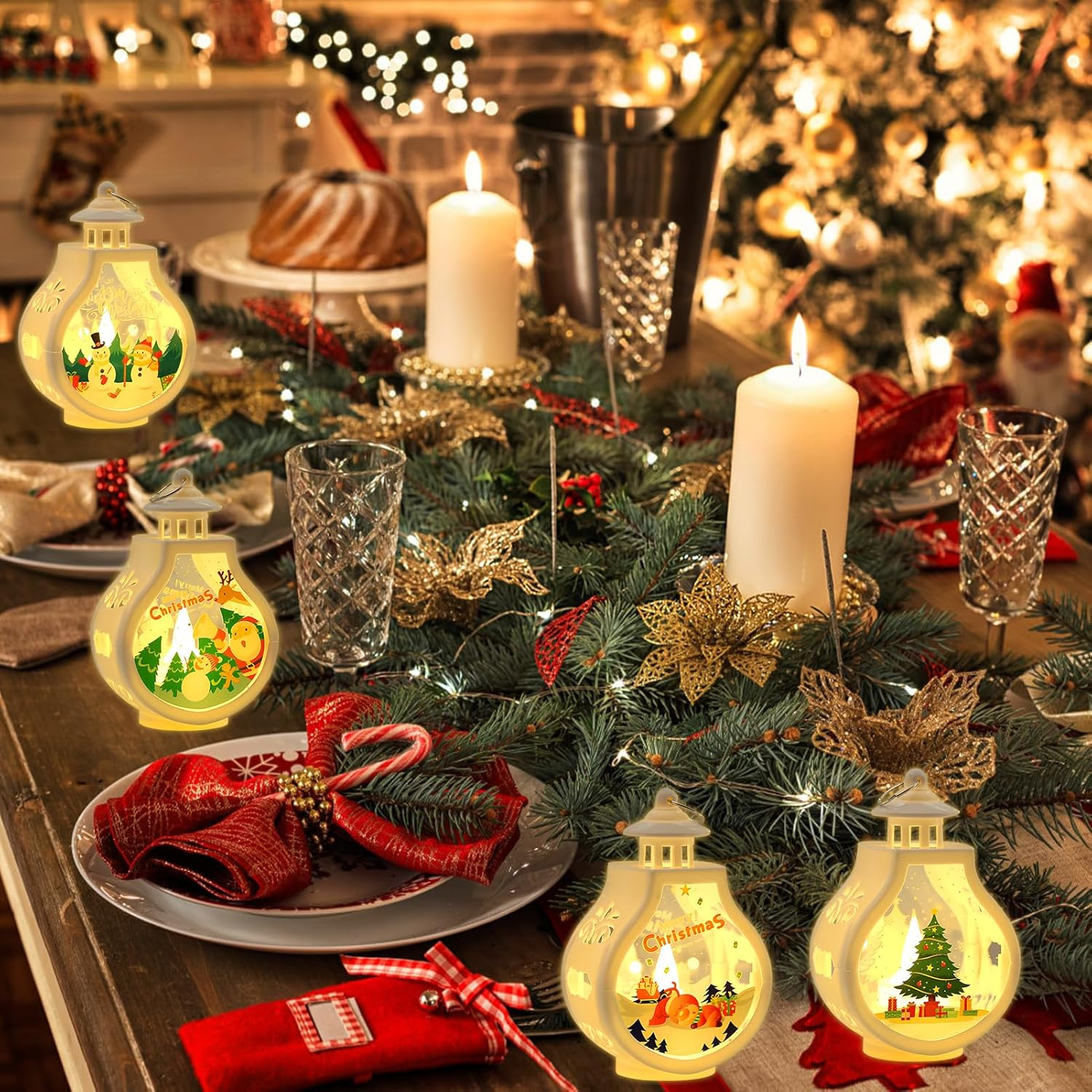 Weihnachtstischdeko mit Lichtern, Kerzen, Tannengrün und Geschenken.