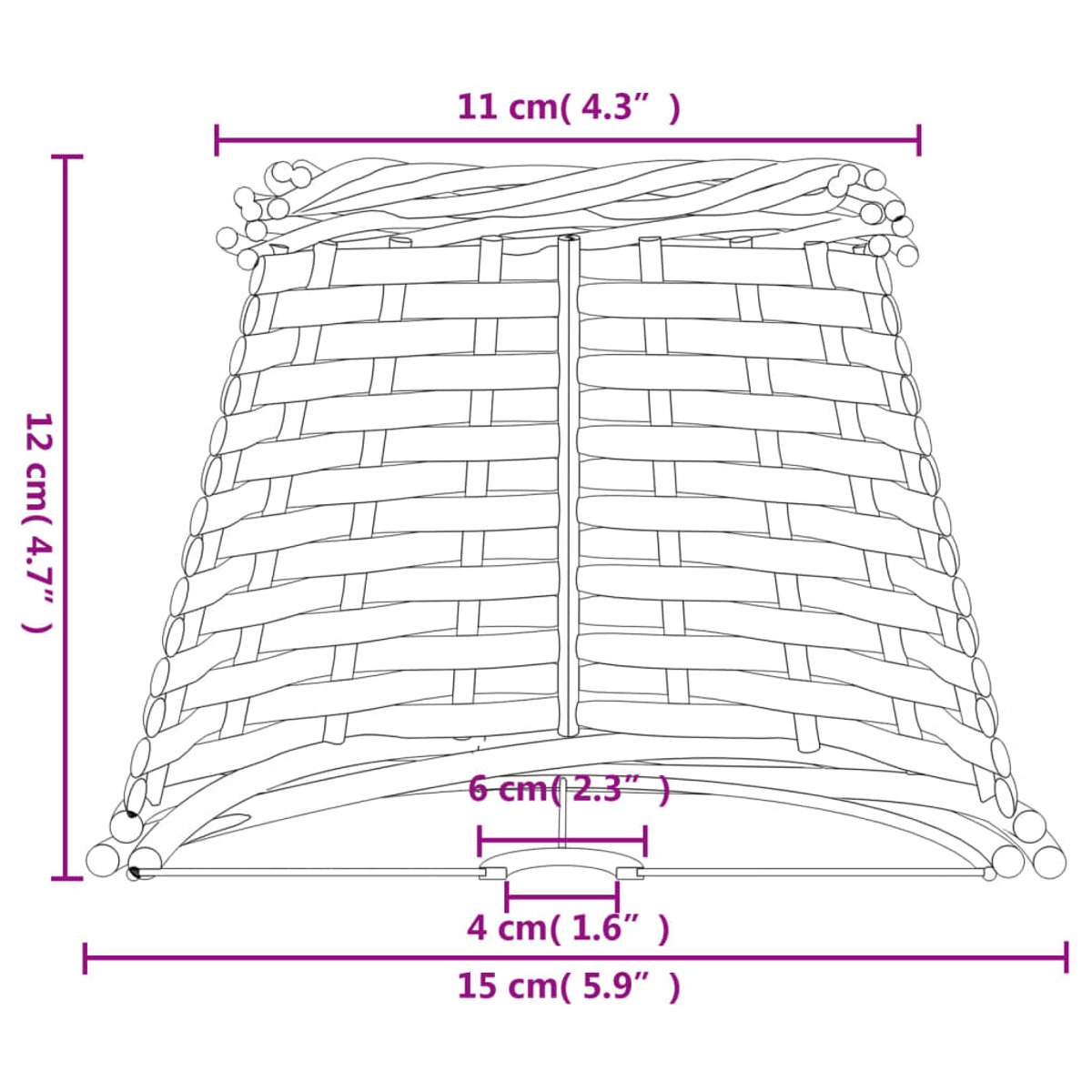 Geflochtener Lampenschirm mit Maßangaben: Höhe 12 cm, oben 11 cm, unten 15 cm.