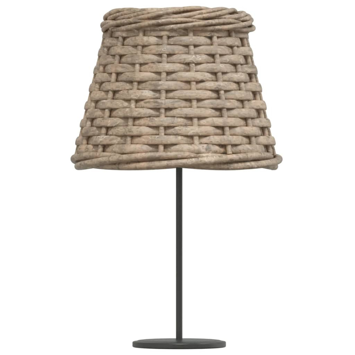 Eine Lampe mit einem geflochtenen Lampenschirm aus beigem Material und einem dunklen Metallfuß.