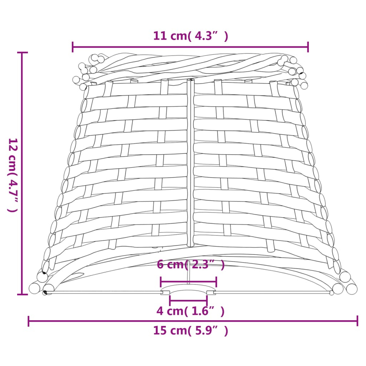Geflochtener Lampenschirm mit Maßen: H 12 cm, oben 11 cm, unten 15 cm.