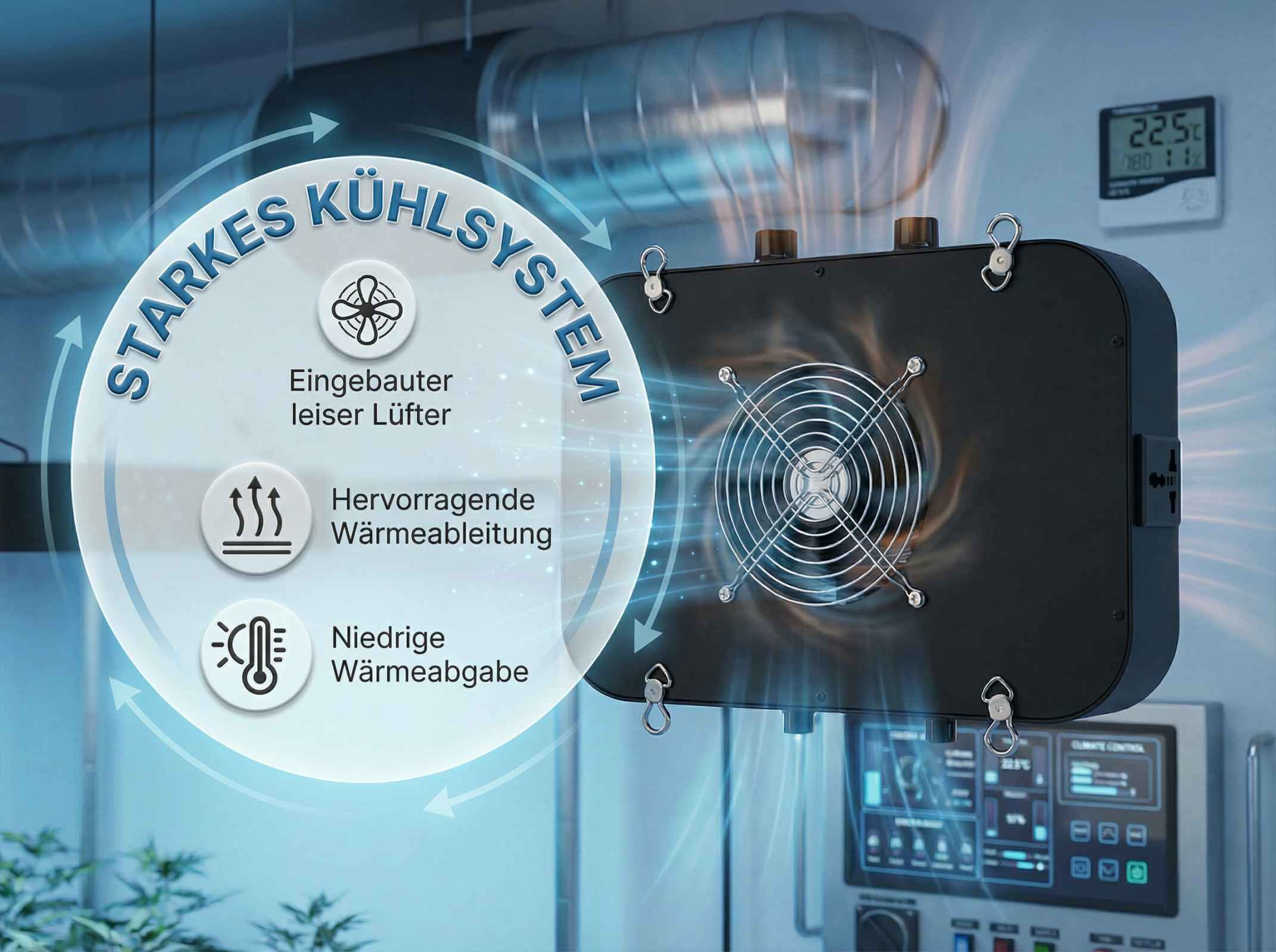 Starkes Kühlsystem mit Lüfter, Wärmeableitung und niedriger Wärmeabgabe.