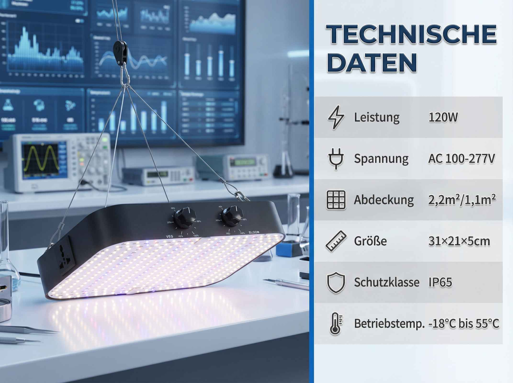 Ein LED-Pflanzenlicht mit technischen Daten wie Leistung, Spannung und Abdeckung.