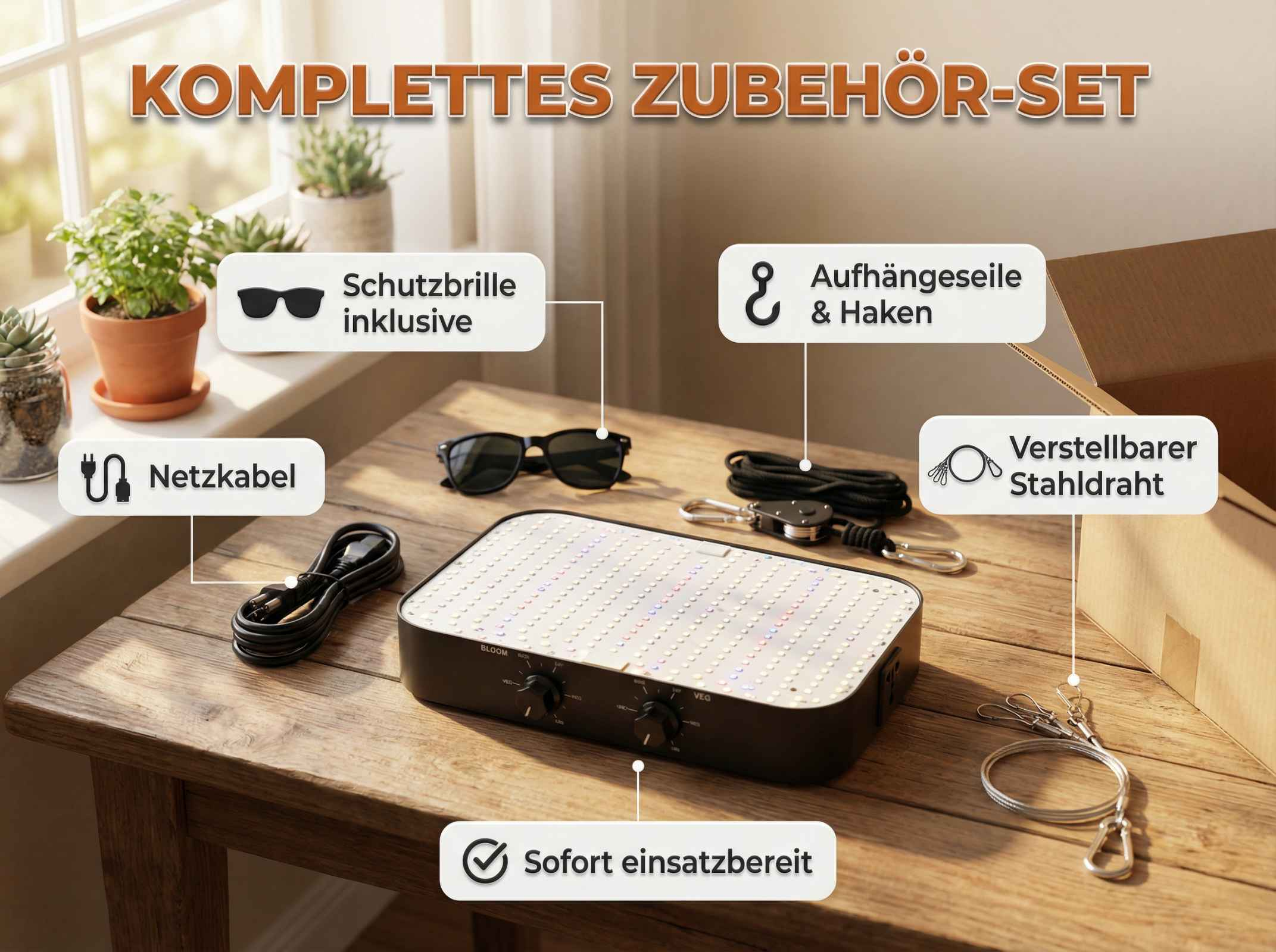 Ein komplettes Zubehör-Set mit Brille, Kabel, Aufhängung und Draht.