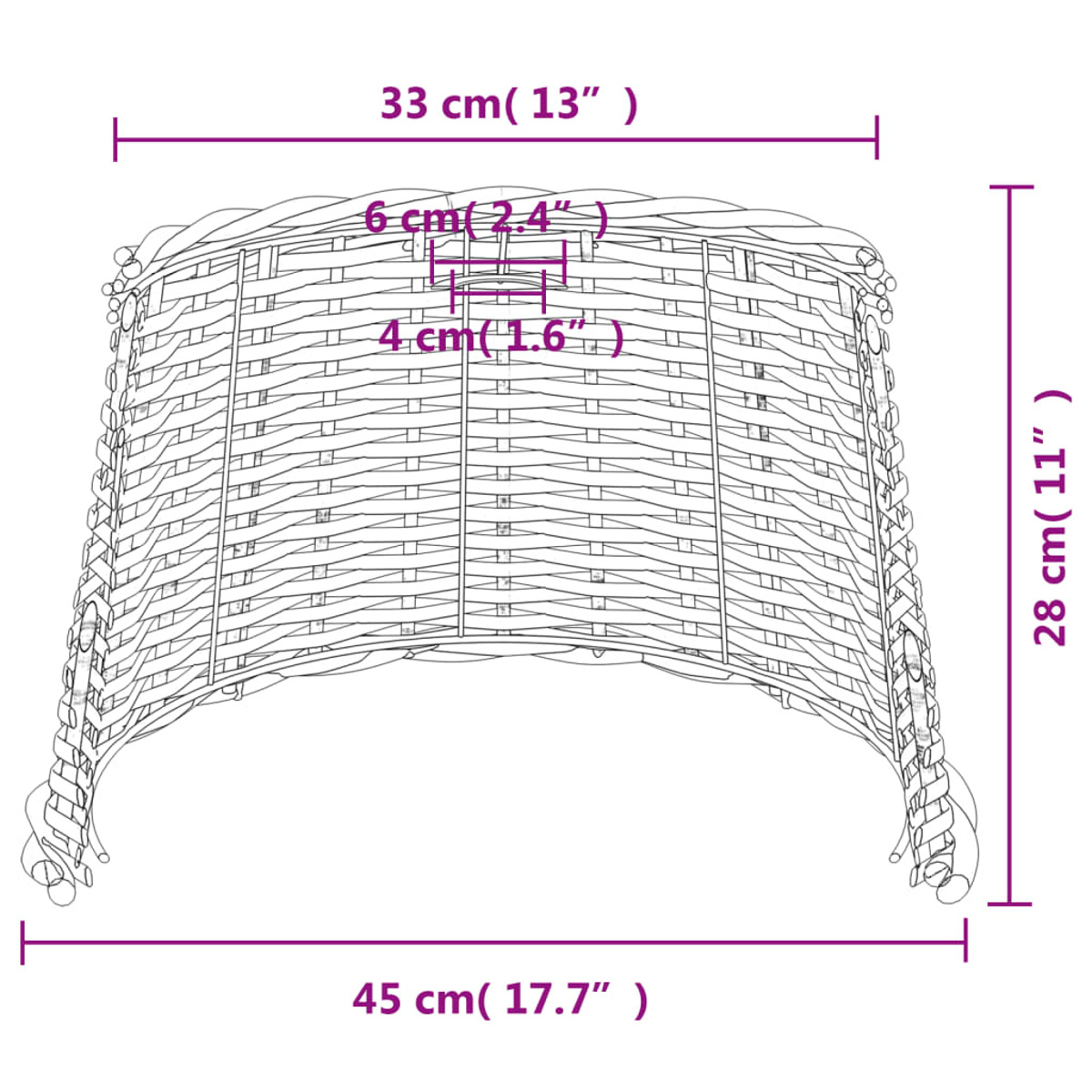 Geflochtener Korb mit Maßen 45cm x 33cm x 28cm.