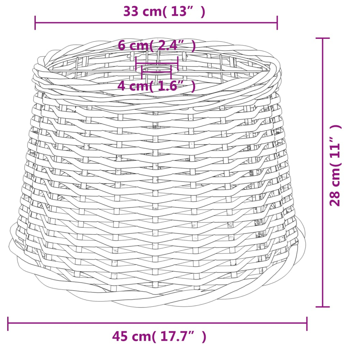 Geflochtener Korb mit Maßangaben: 33 cm breit, 28 cm hoch, 45 cm tief.