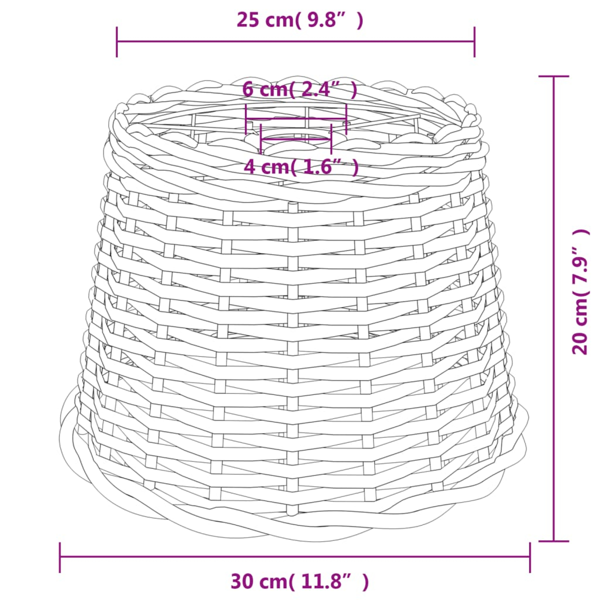 Geflochtener Korb mit Maßangaben: Höhe 20 cm, Breite oben 25 cm, unten 30 cm.