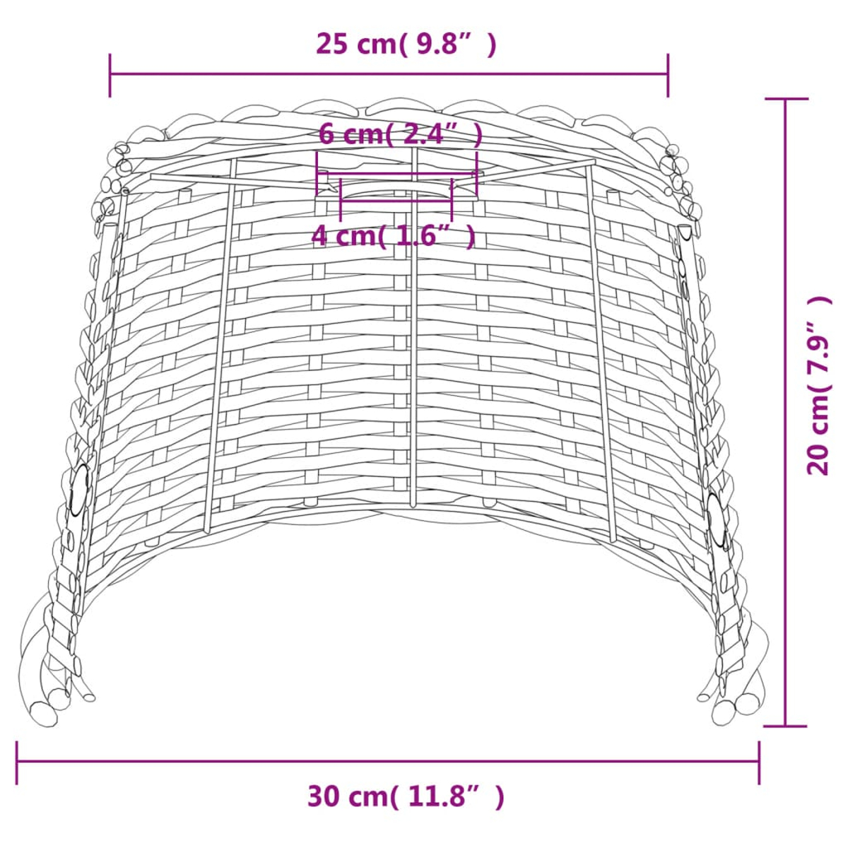 Geflochtener Korb mit Maßen: 30x25x20cm. Innenmaße 6x4cm.