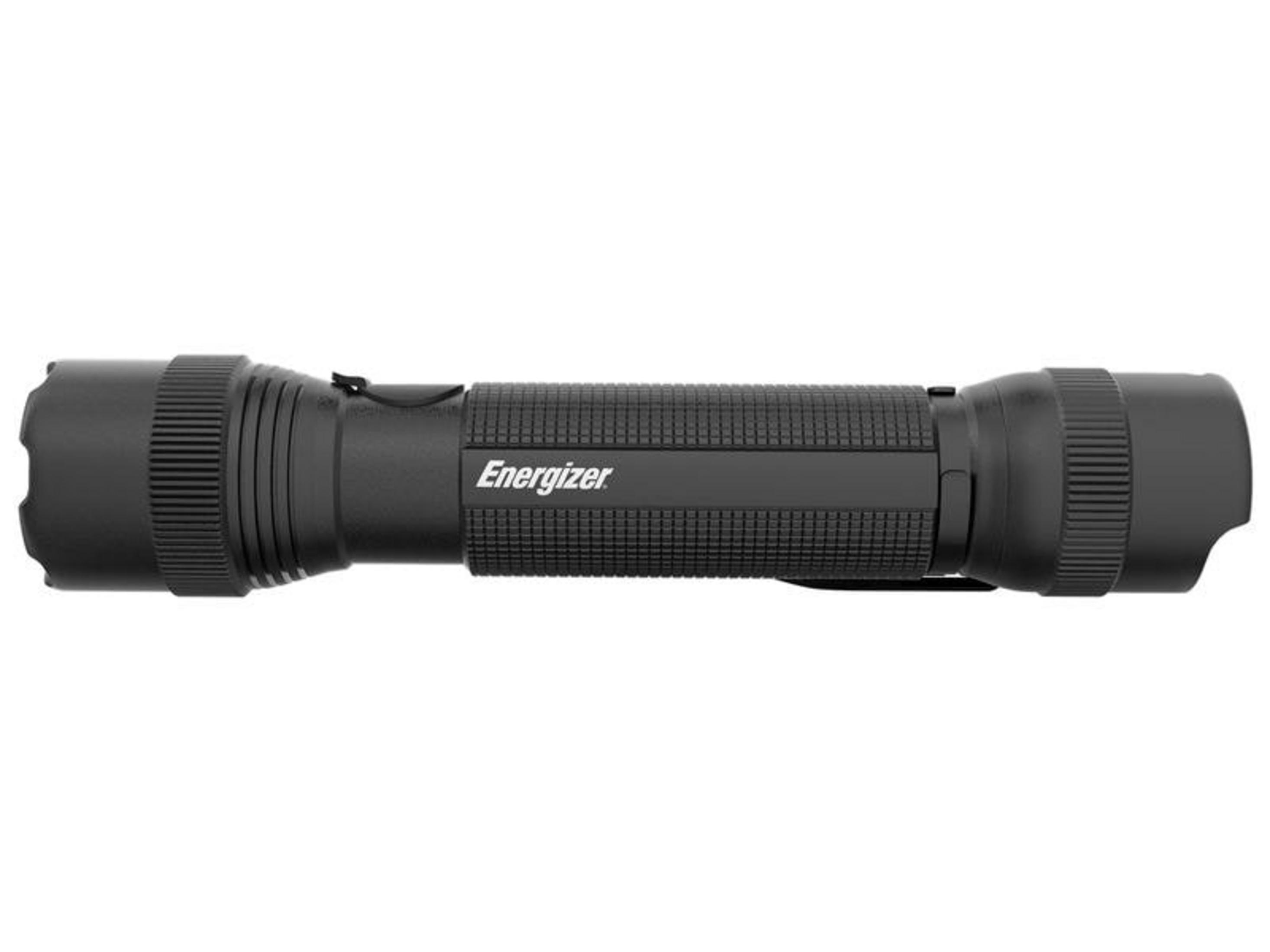 Linterna negra Energizer con agarre texturizado y logo plateado.
