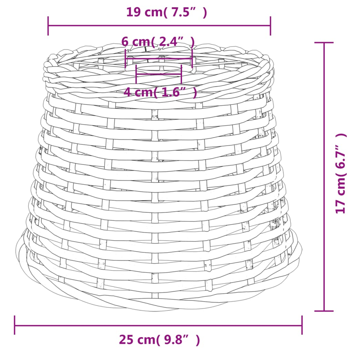 Geflochtener Korb mit Maßen: 25cm breit, 19cm oben, 17cm hoch.