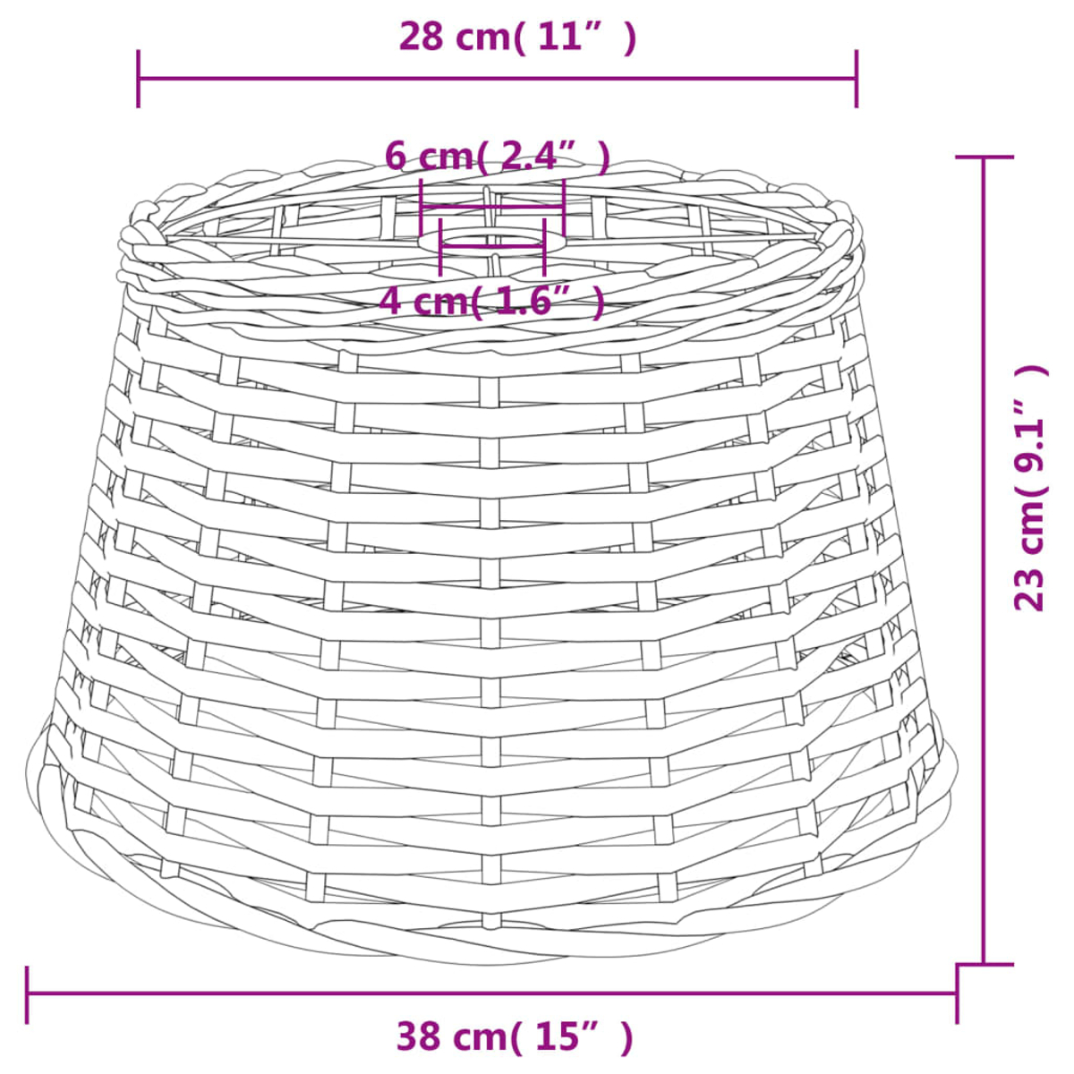 Geflochtener Korb mit Maßen: 38cm unten, 28cm oben, 23cm Höhe.