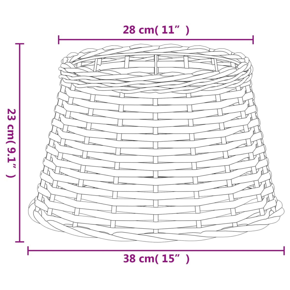 Ein geflochtener Korb mit Maßen. Oberer Durchmesser 28 cm, Höhe 23 cm, unterer Durchmesser 38 cm.