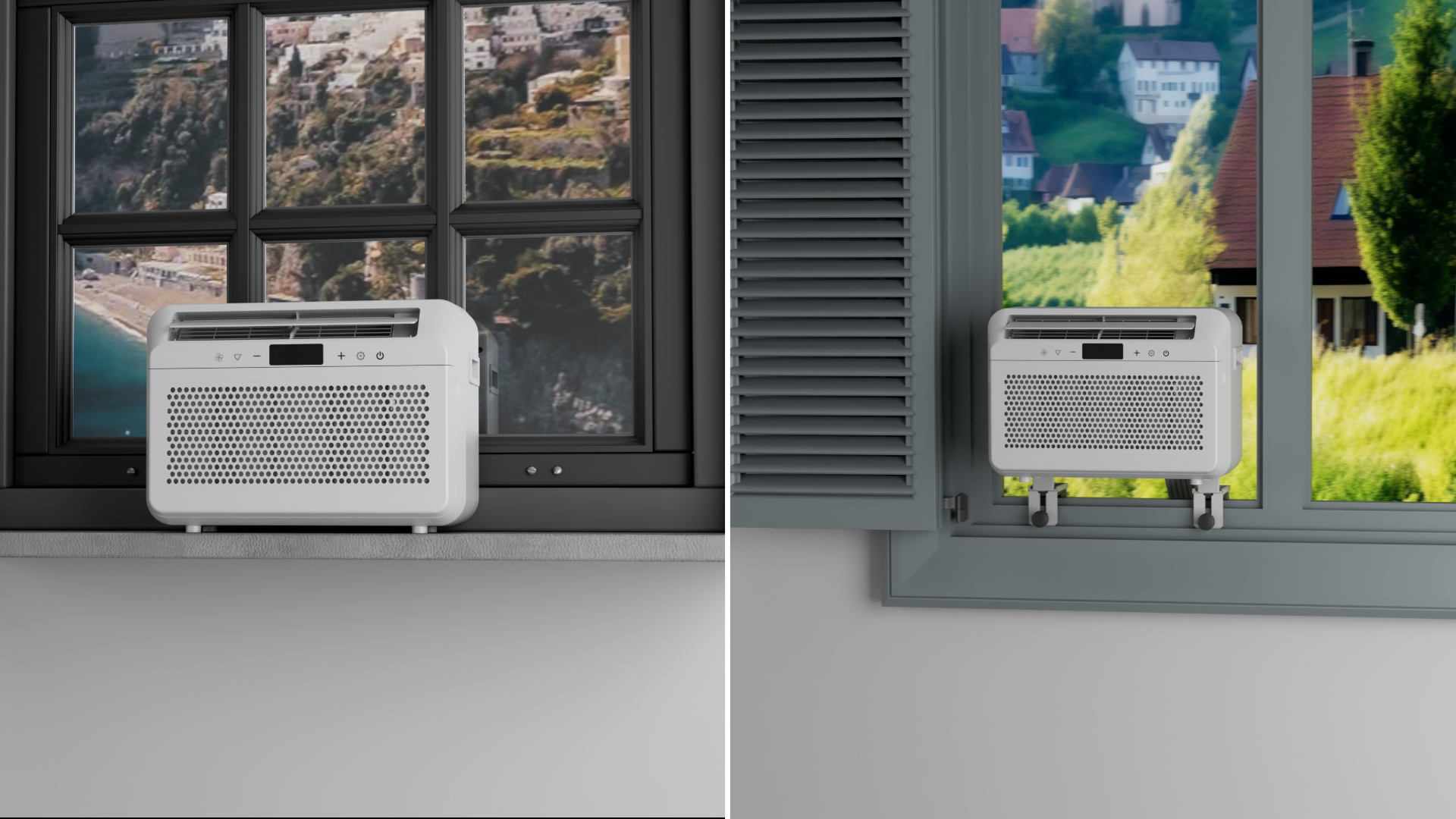 Geteilte Ansicht: Links AC in dunklem Fenster, rechts AC in grauem Fenster mit Fensterläden.