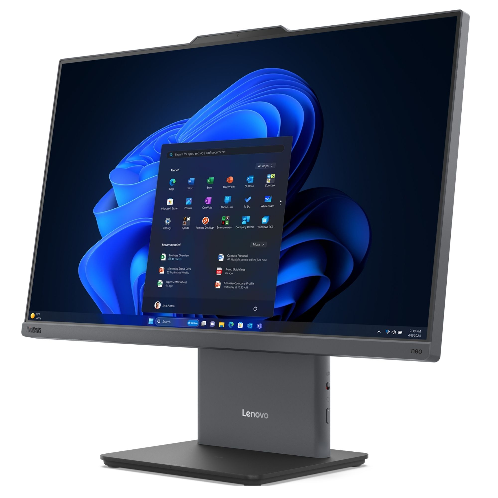 Açık Başlat menüsü ile Windows 11 gösteren bir Lenovo ThinkCentre monitör.