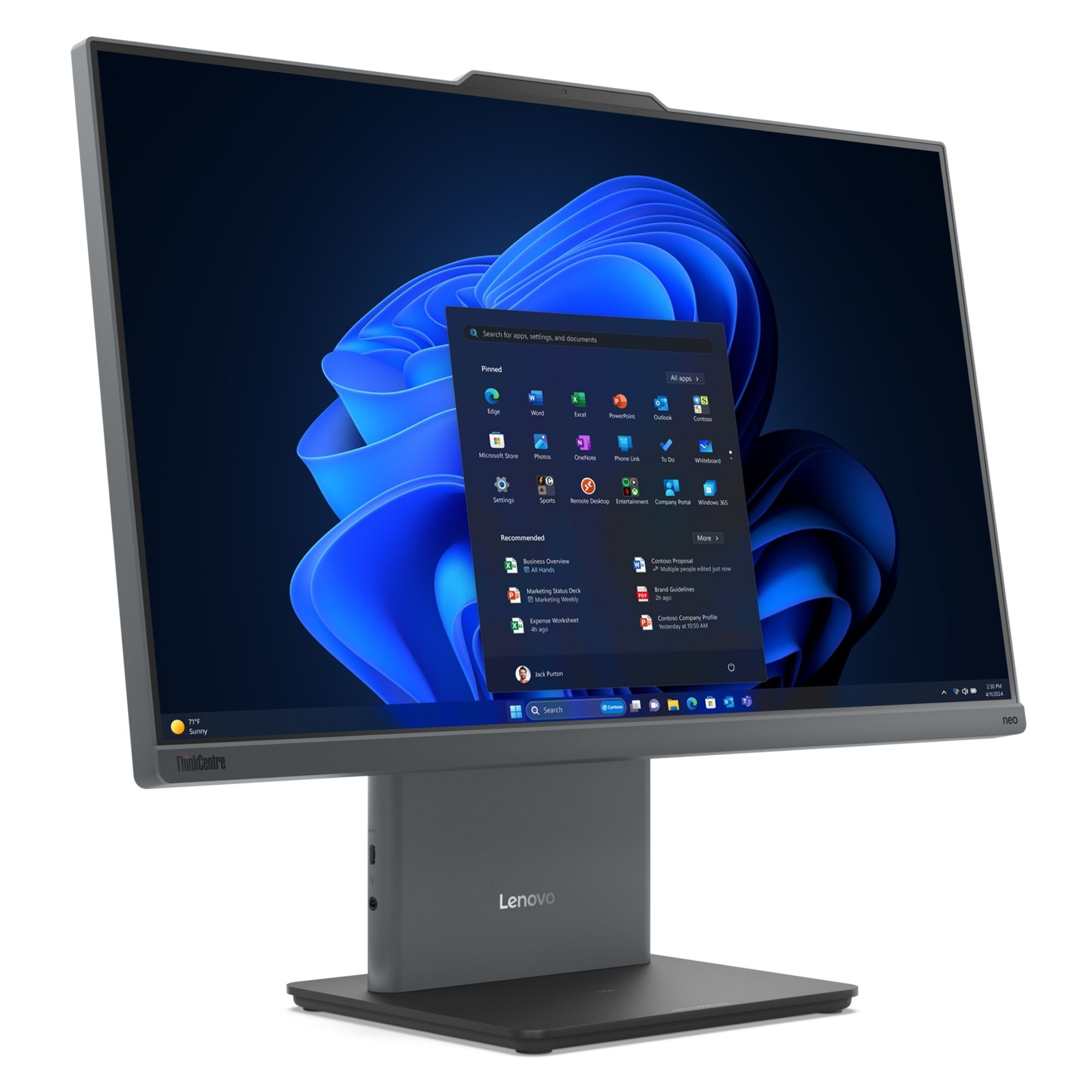Mavi dalgalı duvar kağıdıyla Windows 11 gösteren Lenovo ThinkCentre monitör.