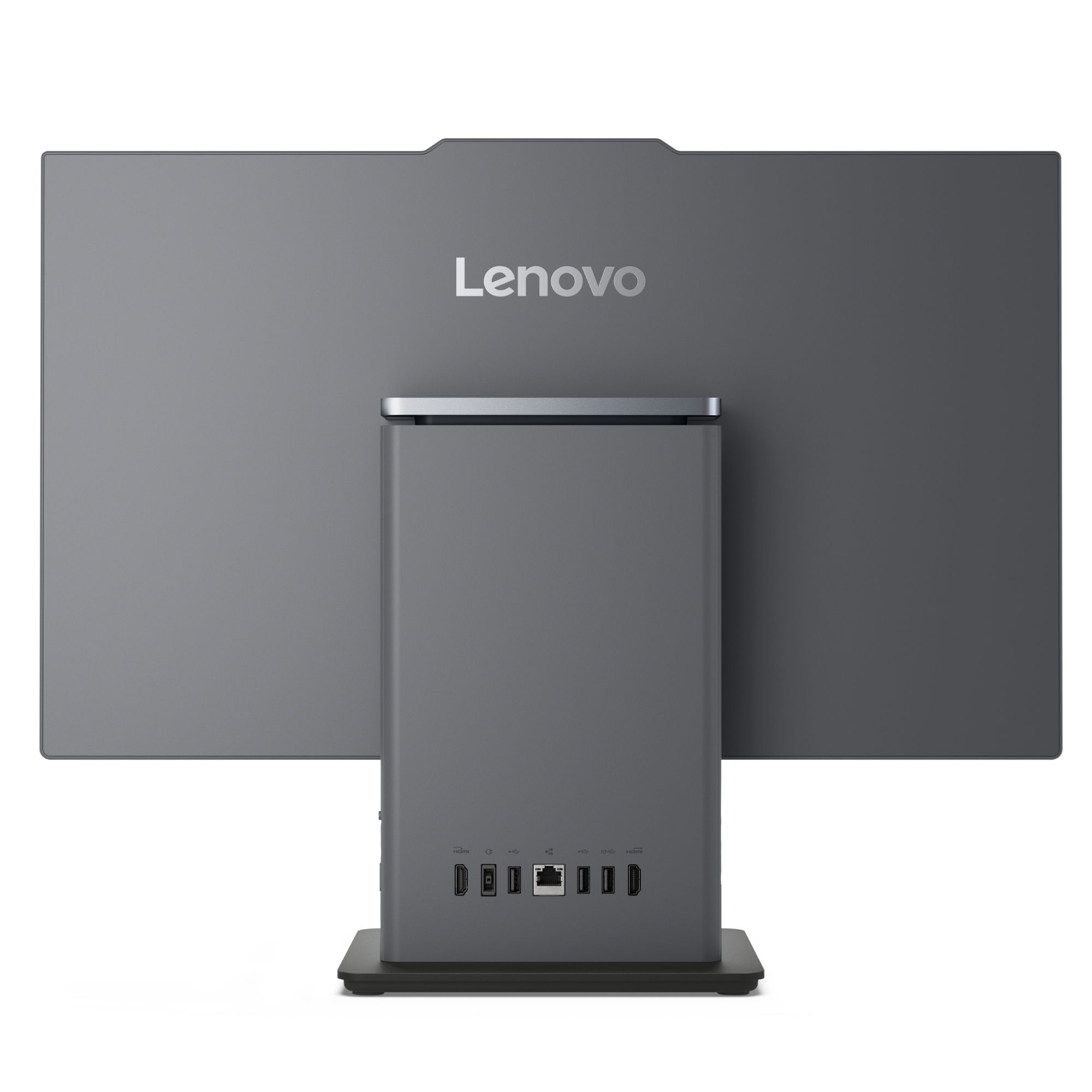 Gri Lenovo hepsi bir arada bilgisayarın arkası, bağlantı noktaları.