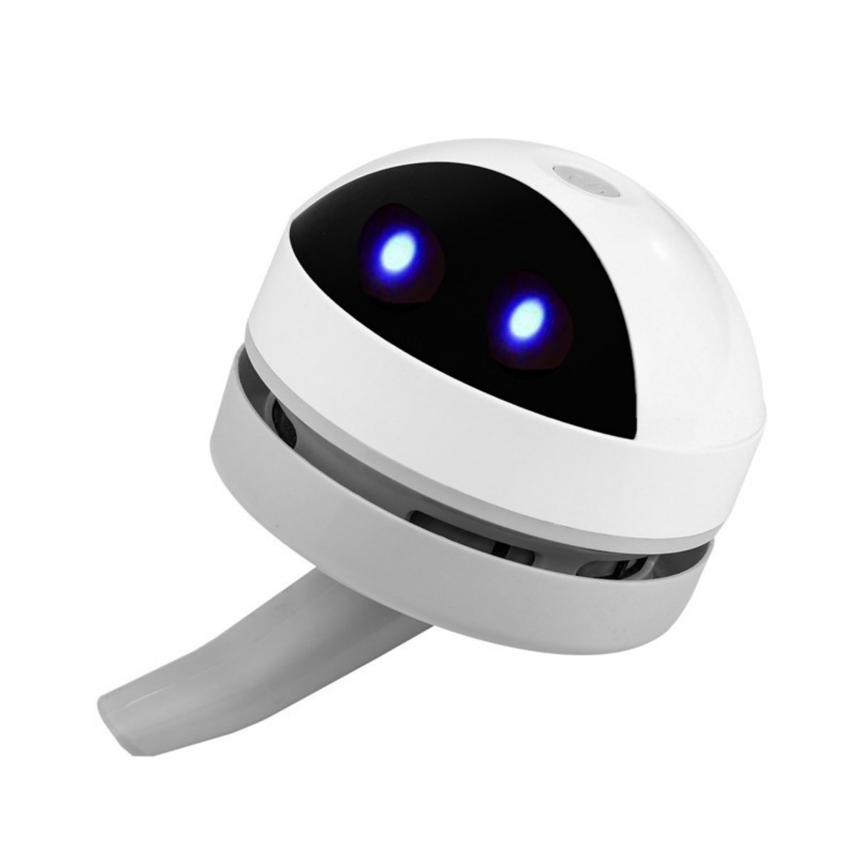 Ein weißer Mini-Roboter-Staubsauger mit leuchtend blauen Augen auf weißem Hintergrund.